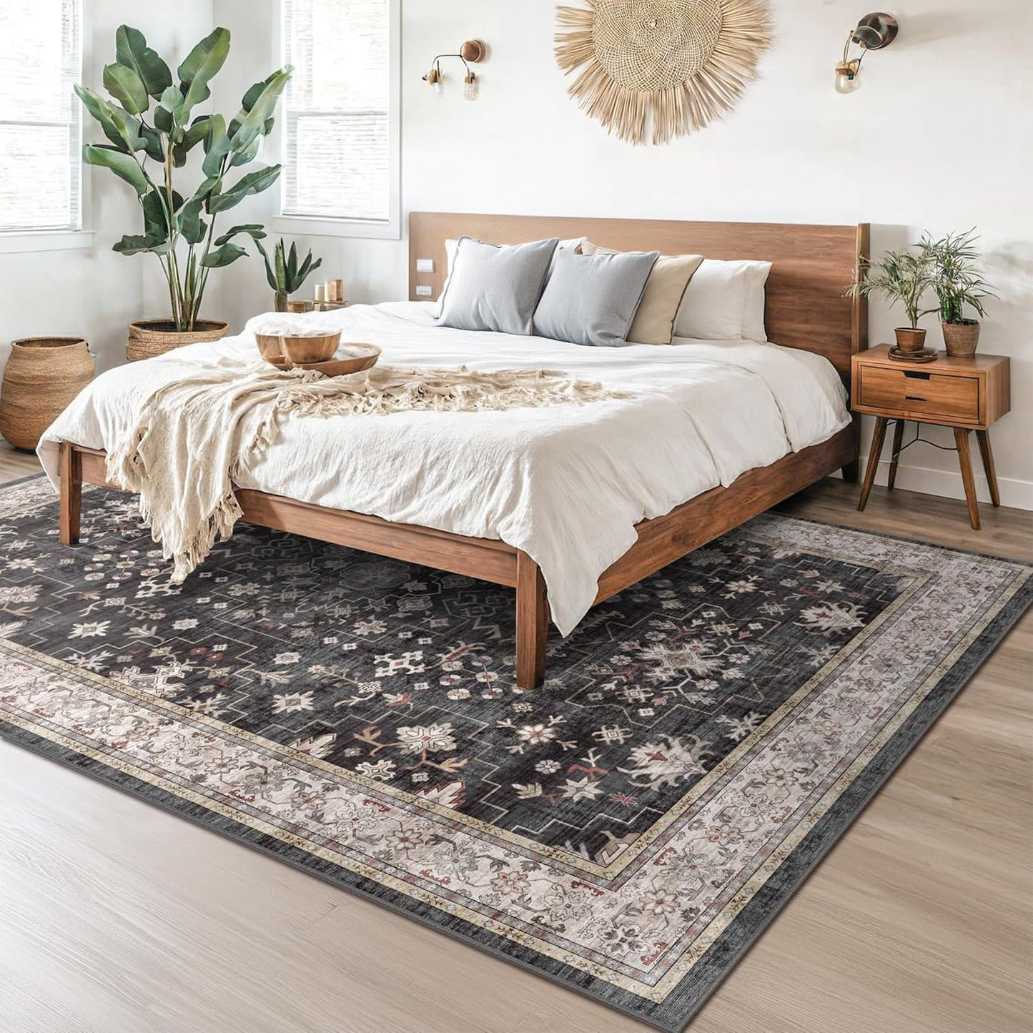 Black Boho Rug for Living Room 9x12 - Washable Dining Room Rugs for Under Table, Vintage Soft Low Pile Carpet for Bedroom, Non-Slip Farmhouse Bohemian Large Tumble Rug for High Traffic Area