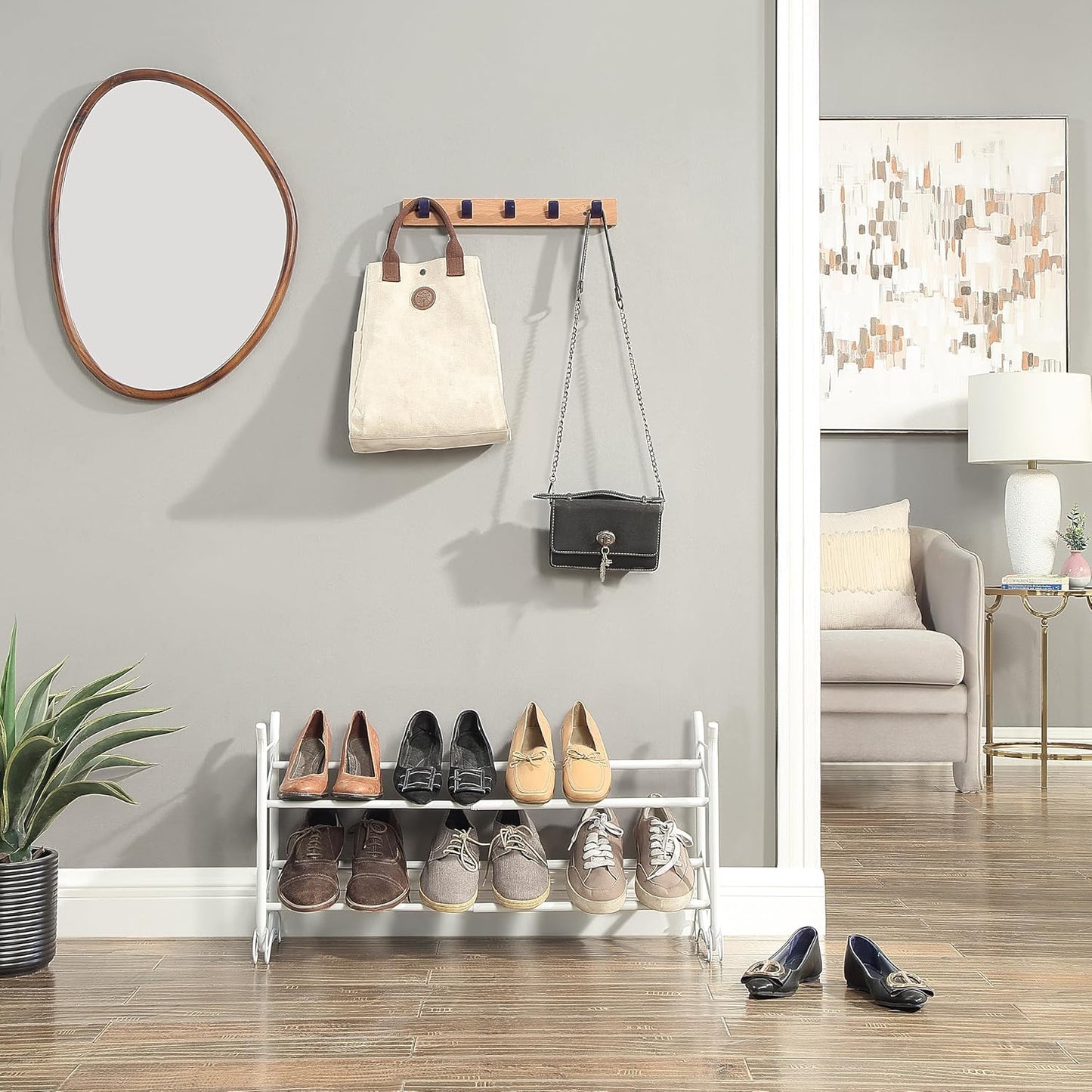 SunnyPoint Expandable & Stackable 2-Tier Shoe Rack – Adjustable Shoe Organizer for Entryway, Closet or Bedroom, Holds 4 to 8 Pairs, Space-Saving Metal Shoe Storage Shelf (17.5"–31.49" W) (WHT, 2 Tier)