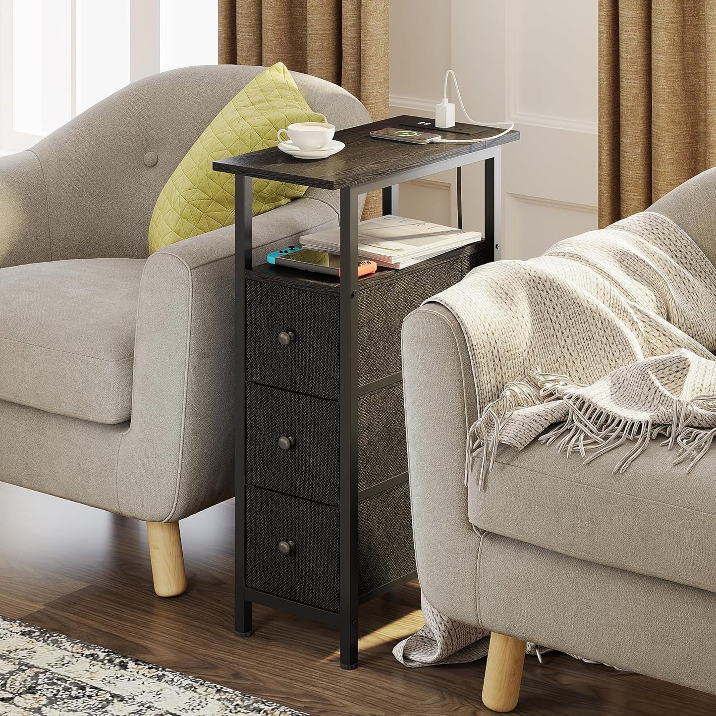 End Table with Charging Station, Narrow Side Table with 3 Fabric Drawers, Skinny Nightstand with LED Light, Slim Bedside Table for Bedroom, Living Room, Small Spaces, Black