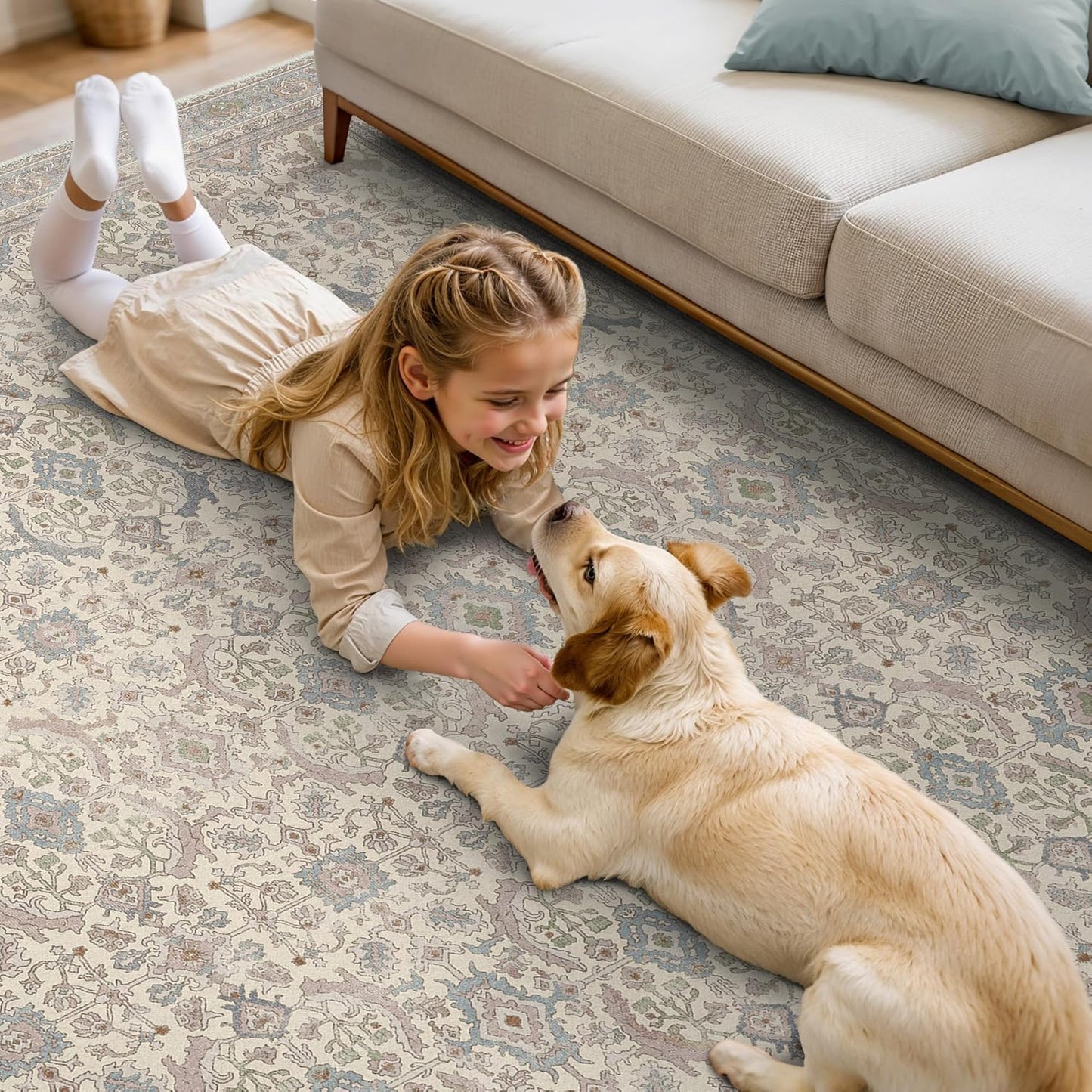 8X10 Area Rugs Machine Washable Rugs for Living Room, Vintage Boho Large Rugs for Bedroom Dining Room, Non Slip Indoor Soft Distressed Lightweight Thin Low Pile Carpet, Cream