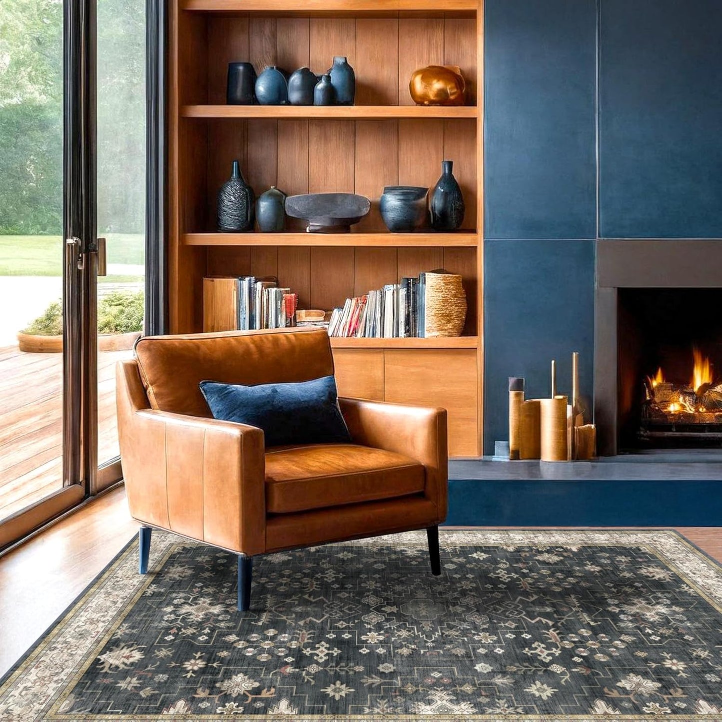 Boho Washable 4x6 Entryway Rug - Non-Slip Low Pile Geometric Area Rug for Living Room, Large Kitchen, Bedroom, Office - Ultra Soft Dark Modern Aesthetic Decor, Black & Multi