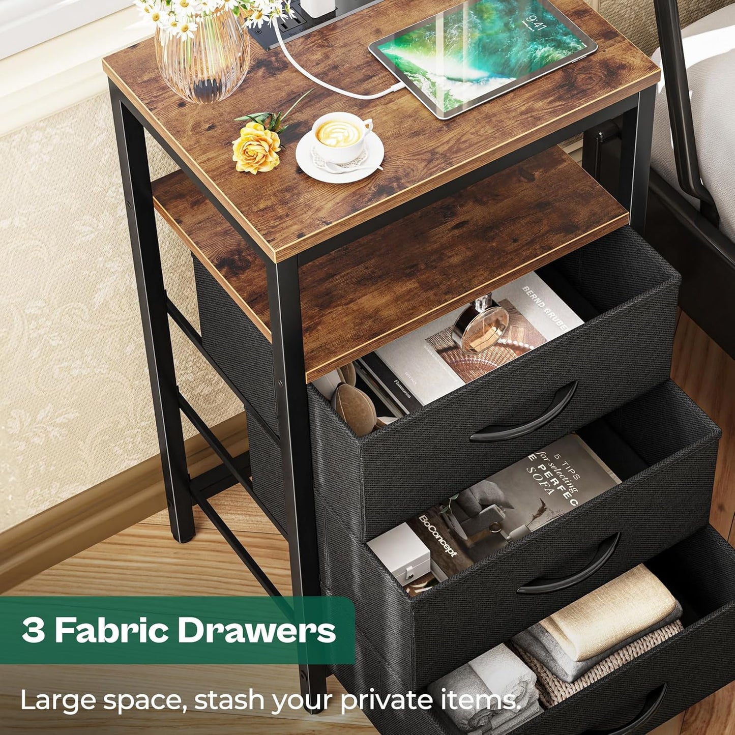 Huuger Nightstand with Charging Station, 27.6 Inch End Table Bedside Table with USB Ports and Outlets, Fabric Drawers, Night Stand for Bedroom, Rustic Brown and Black