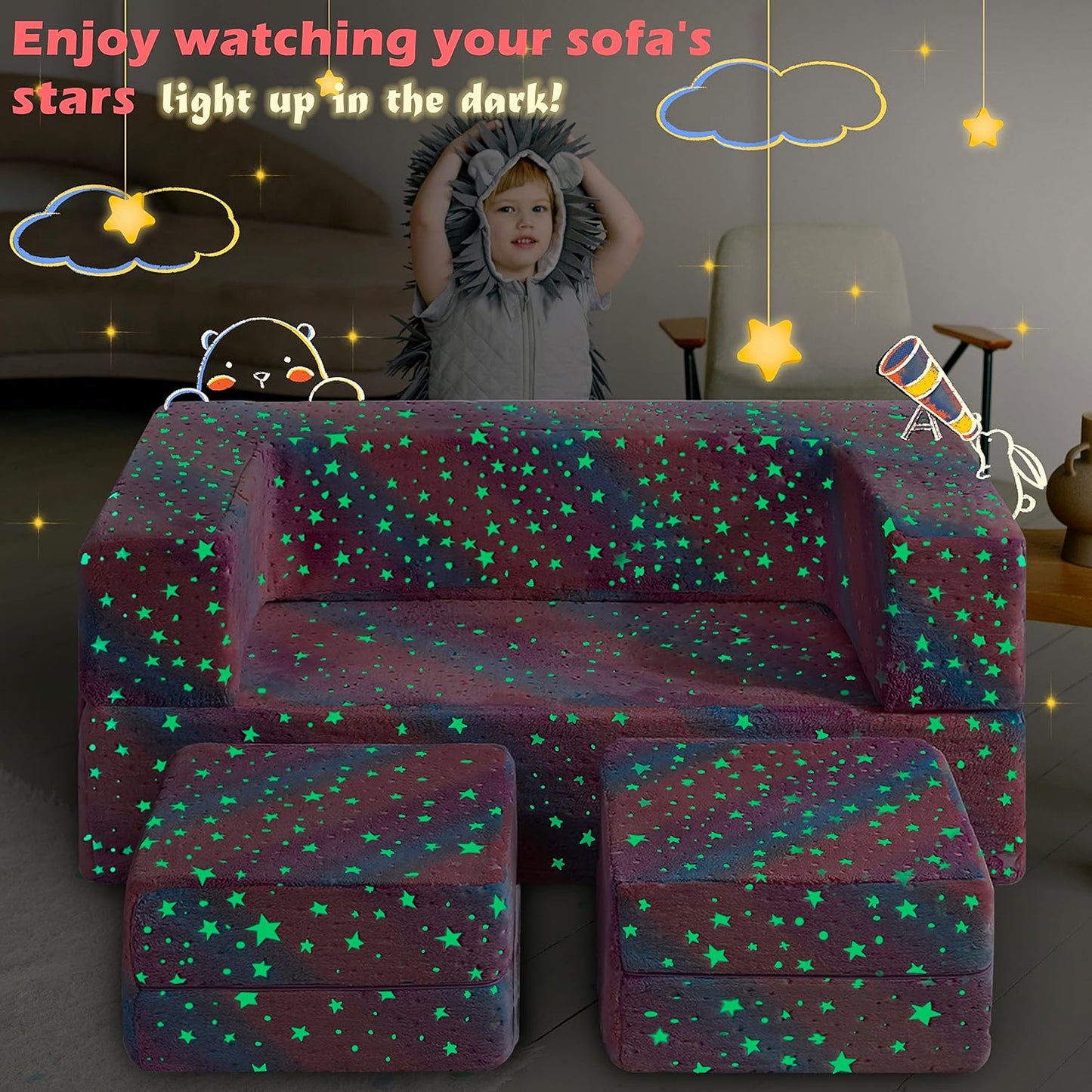 Kids Couch, Glow in The Dark Modular Explore Sofa for Toddler 3 in 1 Fold Out Sofa, Convertible Plush Couch with Washable and Durable Covers