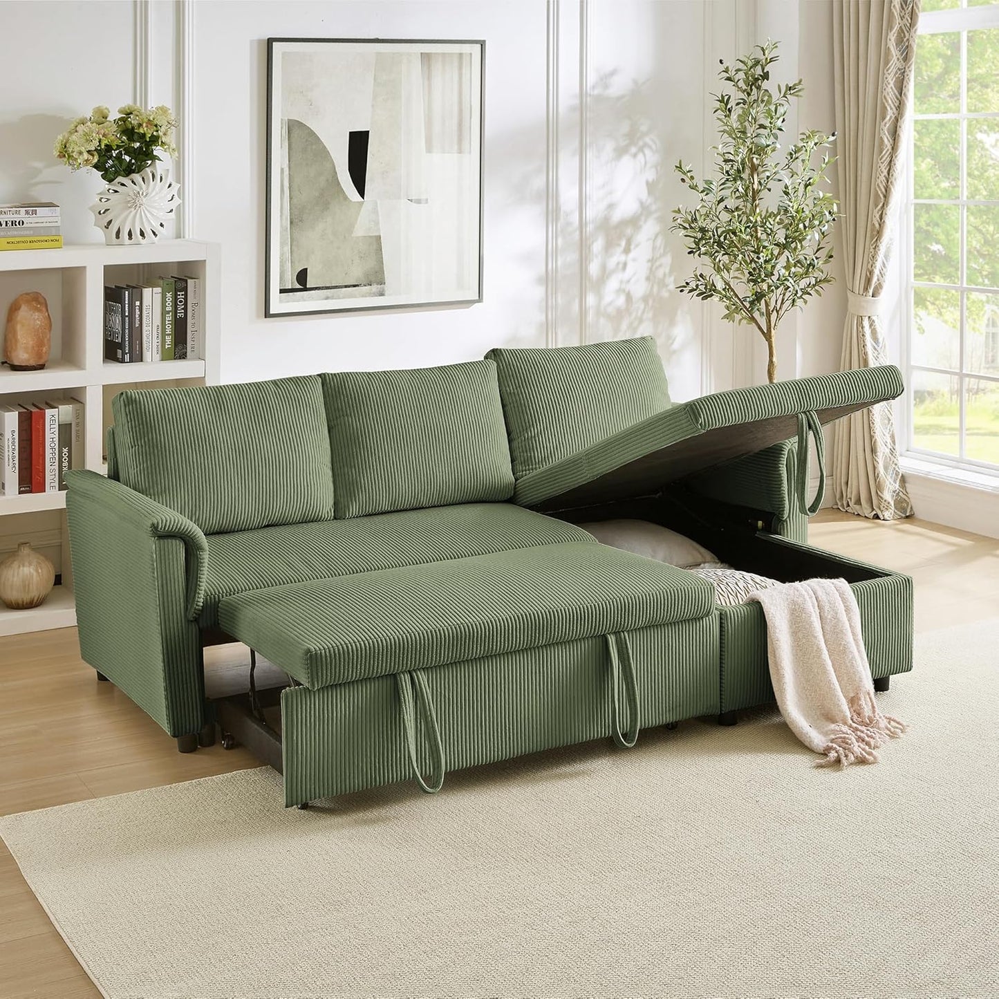 Ball & Cast Reversible Sectional Sofa Couch,L-Shape Sleeper Sofa Bed with Storage Chaise Pull Out Couch for Living Room | Hidden Storage | Pull Out Bed | Removable Backrest | Corduroy Fabric,Green