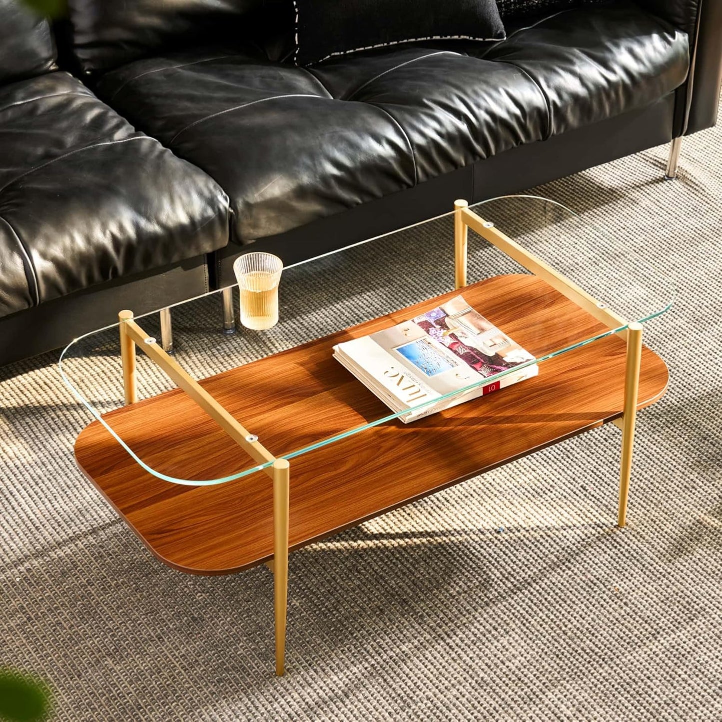 AGV LIGHTING Tadio Glass Coffee Table, Mid-Century Modern Coffee Table for Living Room, Gold Finish Leg, Clear Glass Top & Walnut Brown Shelf, Rounded Corners