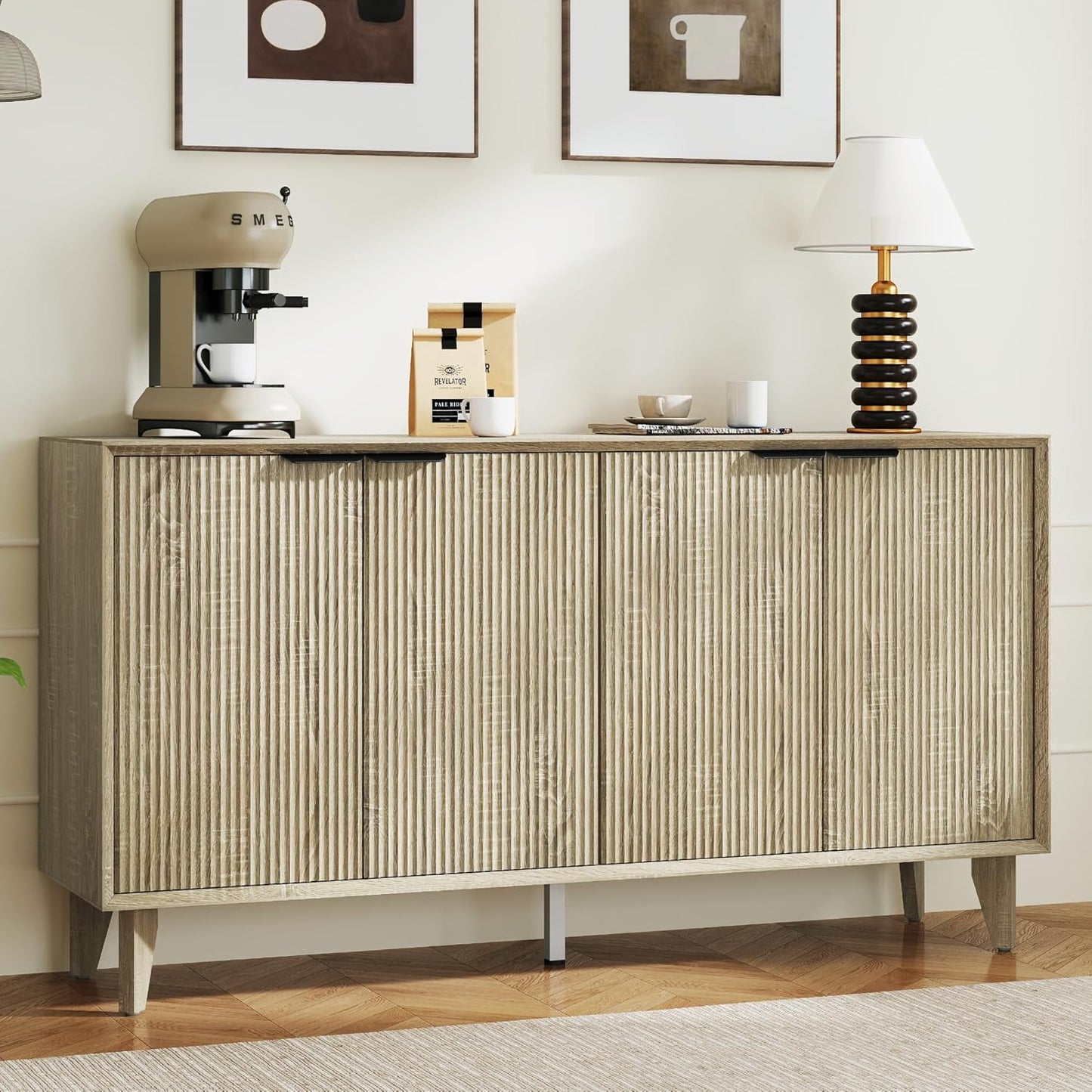 Fluted Cabinet with Storage, Buffet Storage with 4 Doors, Buffet Sideborad Accent Cabinet with Adjustable Shelves for Living Room, Kitchen, Entry, Hallway, Natural