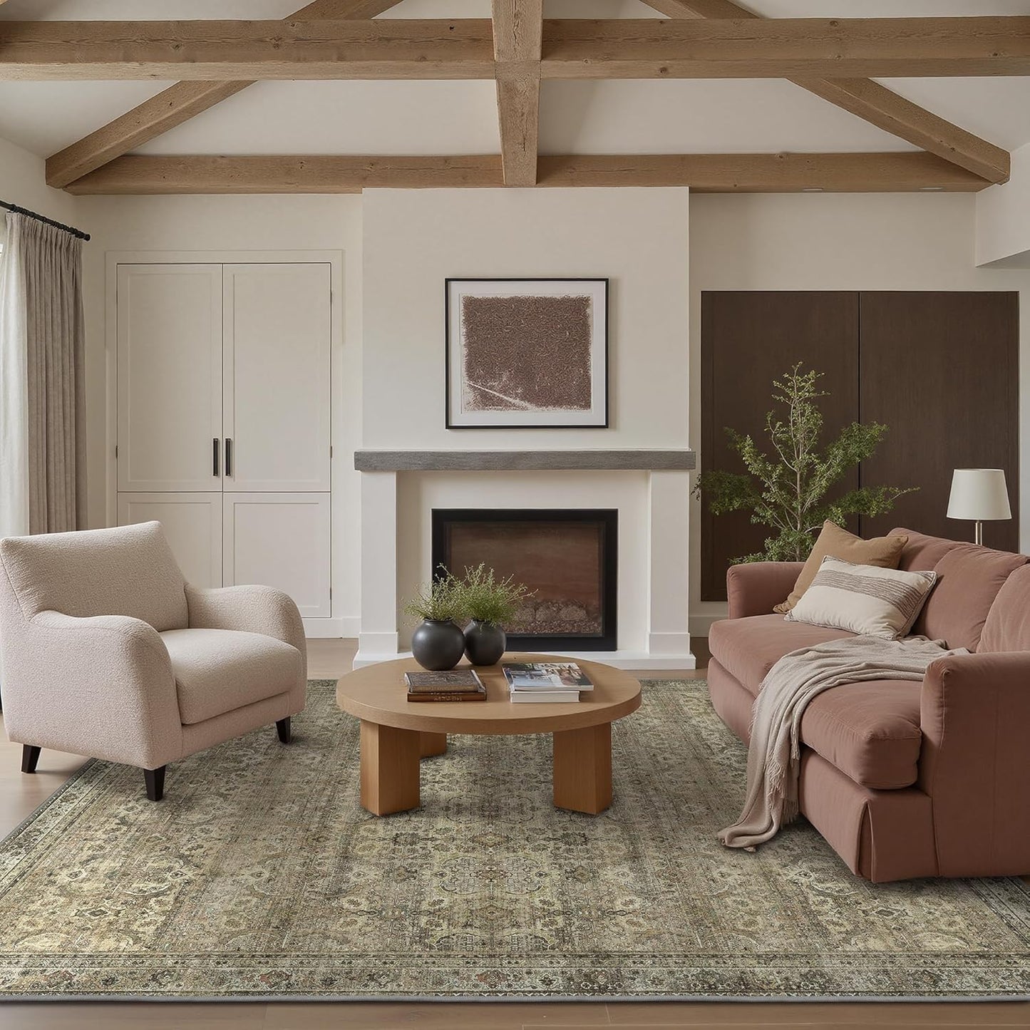 9X12 Area Rugs Machine Washable Rugs for Living Room, Vintage Boho Large Rugs for Bedroom Dining Room, Non Slip Indoor Soft Distressed Lightweight Thin Low Pile Carpet, Muted Sage