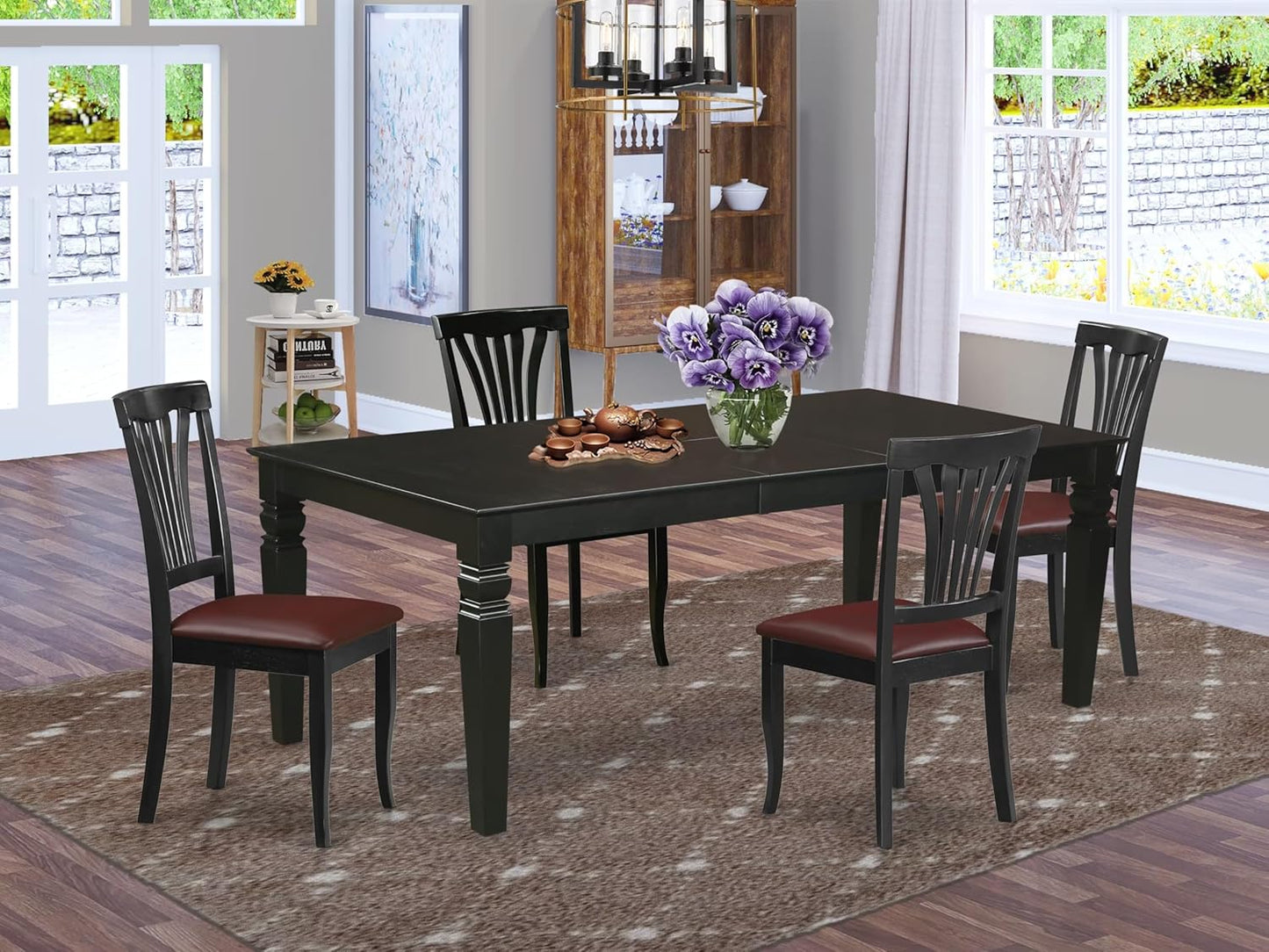 East West Furniture LGAV5-BLK-LC 5 Piece Dinette Set Includes a Rectangle Dining Room Table with Butterfly Leaf and 4 Faux Leather Upholstered Dining Chairs, 42x84 Inch, Black