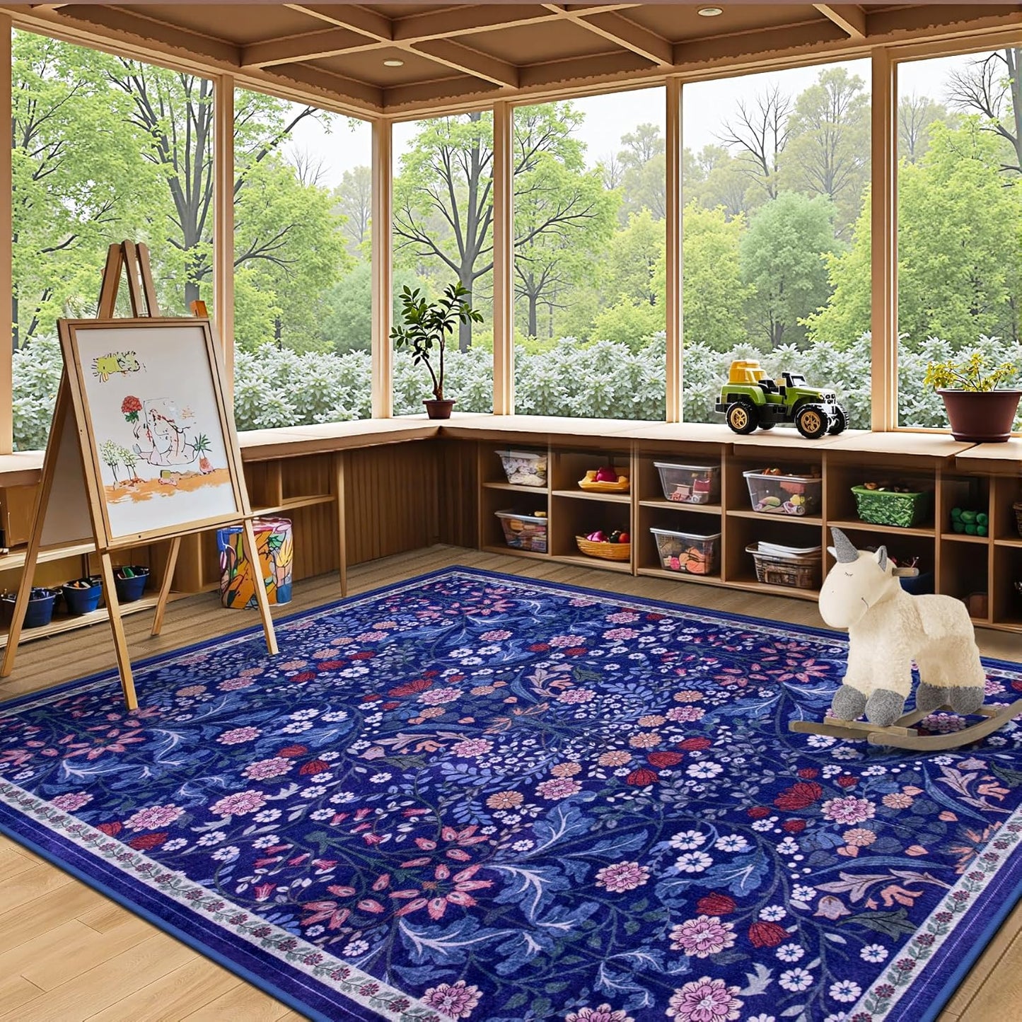 6x9 Area Rugs for Living Room: Floral Washable Rug Vintage Large Soft Boho Non-Slip Carpet Indoor Floor Stain Resistant Thin Carpets for Bedroom Dining Room Farmhouse Nursery Hallway Home Office Blue