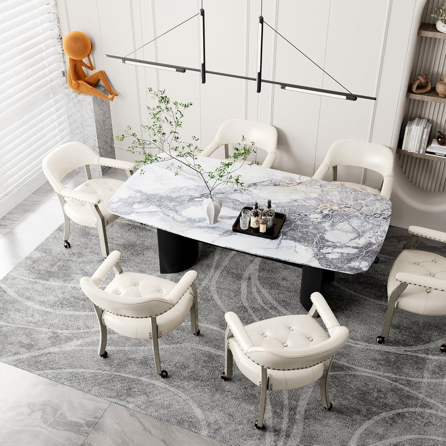 LEEMTORIG Large Dining Chairs with Casters and Arms, Rolling Dining Chairs with Wheels, Accent Game Poker Table Chairs, Solid Wood Office Chairs, 26“Dx25.2 Wx31.5“H, Grey Legs & Ivory PU SY-1318-WT