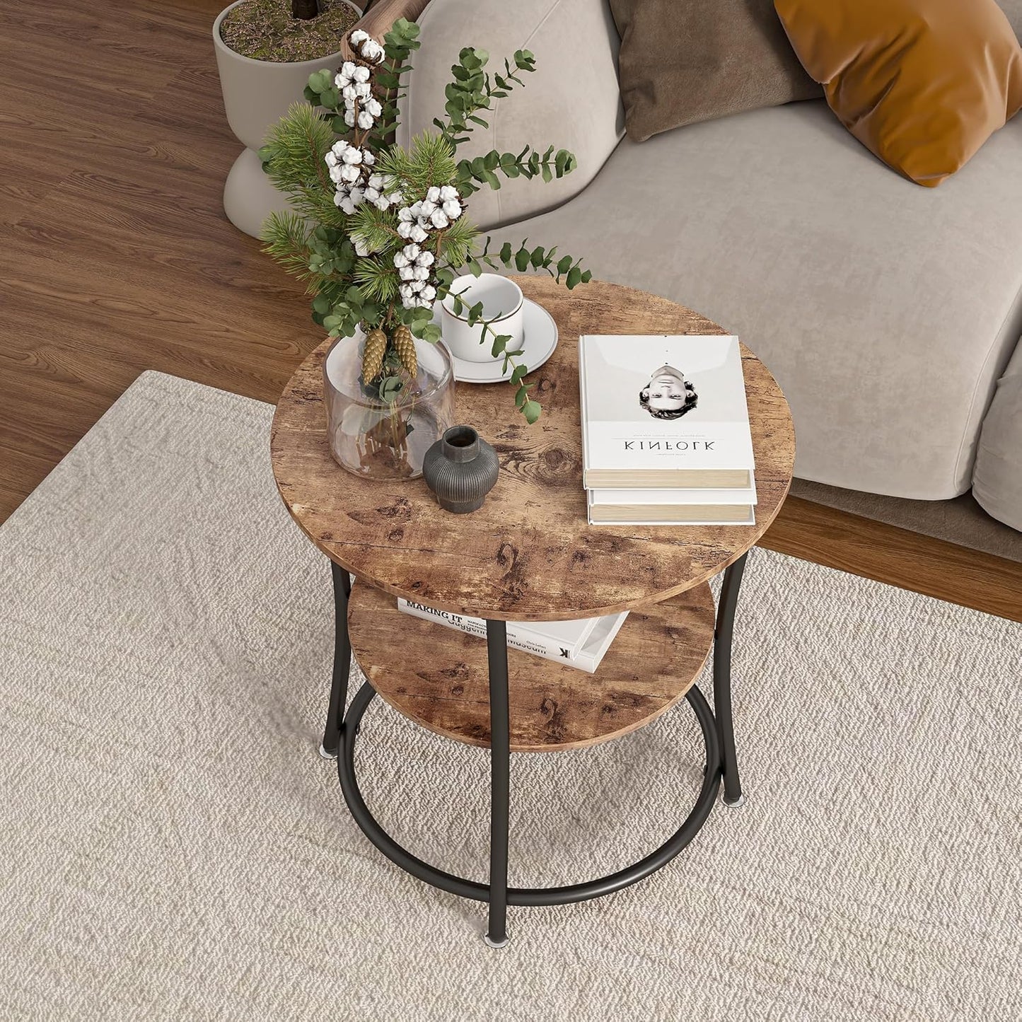 BOFENG Round Coffee Table Side Table,Round End Table with 2 Storage Shelves for Living Room, Bedroom,Small Space,Coffee Table Nightstand with Sturdy Metal Frame,Easy Assembly,Rustic Brown