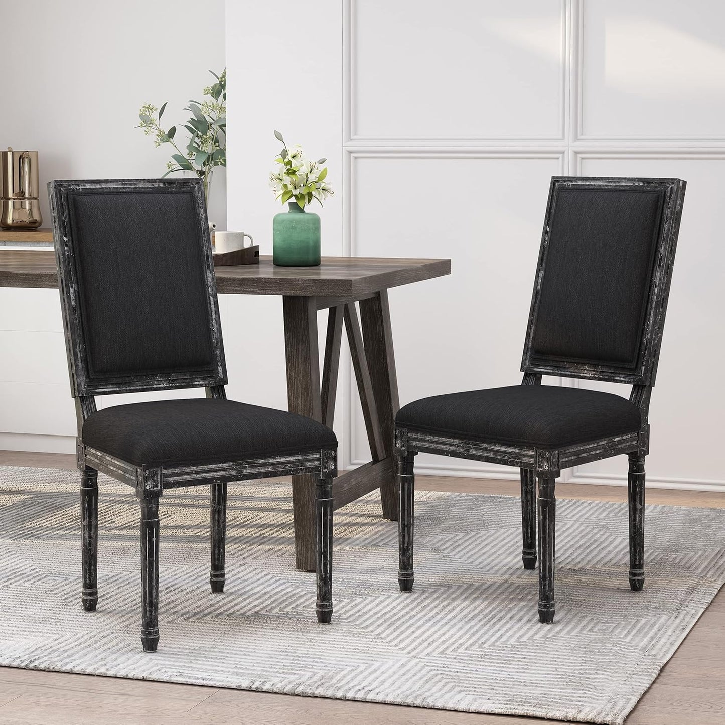 Christopher Knight Home Regina French Country Dining Chairs Set of 2, Wooden Dining Room Chair, High Back Kitchen Side Chair, Fabric Upholstered Armless Extra Seat, Black and Gray