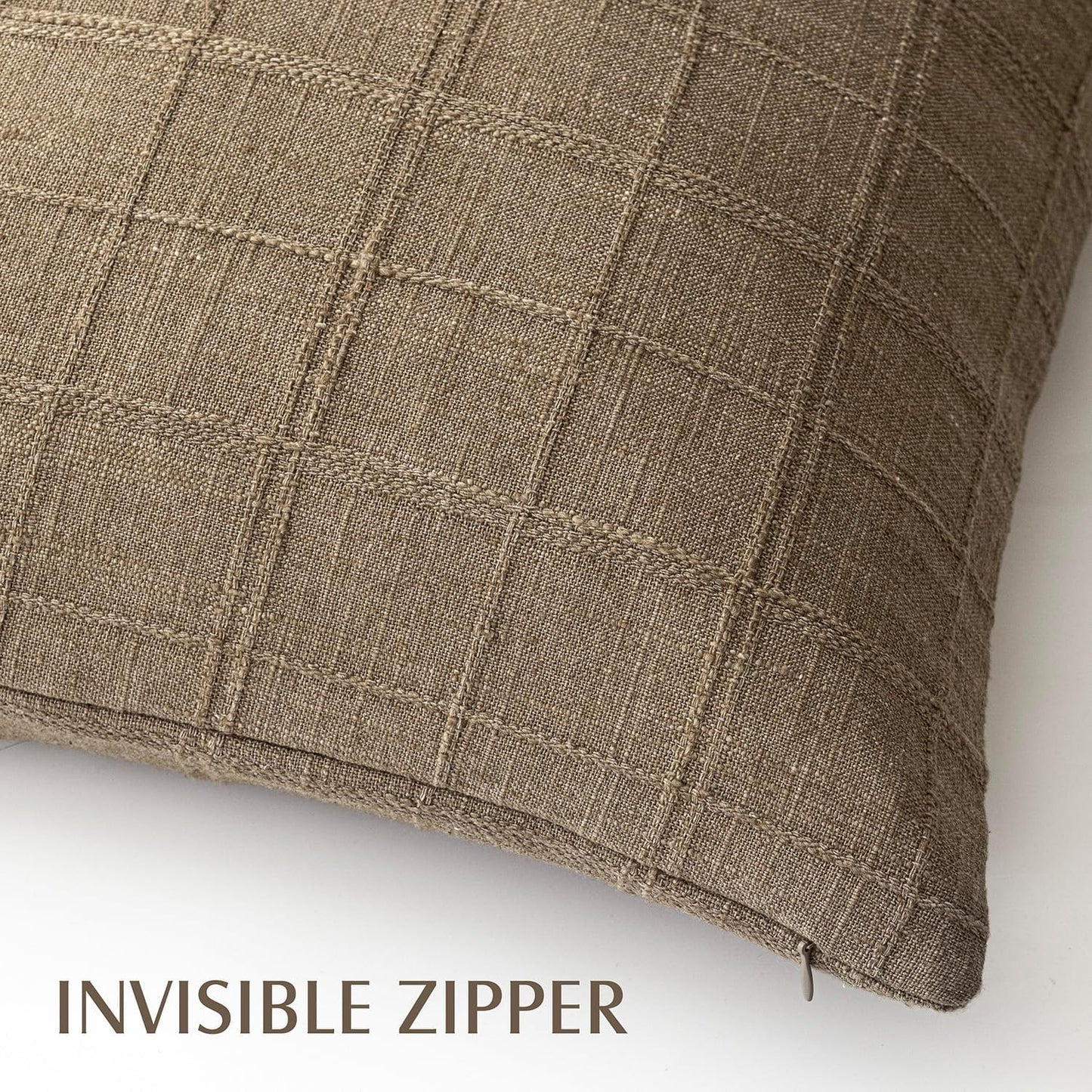 Foindtower Set of 2 Decorative Linen Check Throw Pillow Covers Neutral Long Body Lumbar Cushion Covers Farmhouse Vintage Boho Home Decor For Sofa Chair Couch Bedroom Living Room,14×36 Inch,Light Brown