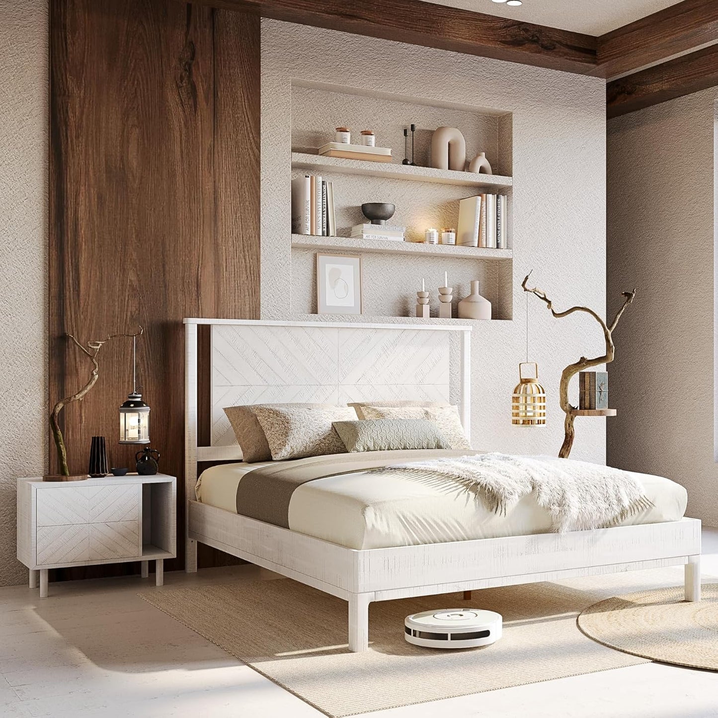 Bme Vivian 14 Inch Deluxe Bed Frame with Headboard, Rustic & Scandinavian Style with Solid Acacia Wood, No Box Spring Needed, 12 Strong Wood Slat Support, Easy Assembly, Queen, Rustic White