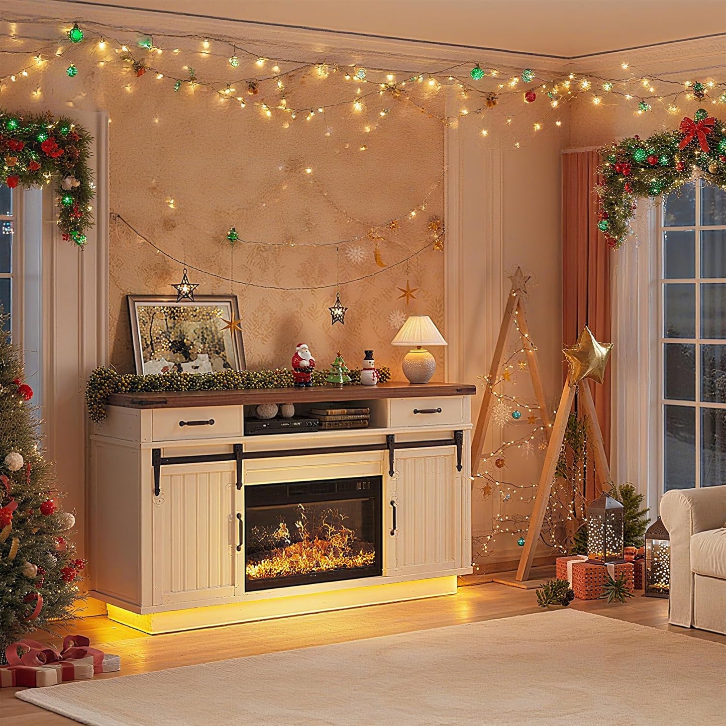 59'' Fireplace TV Stand with 3D Flame Electric Fireplace Heater, 34'' Tall Farmhouse TV Stand for 65 Inch TV, Entertainment Center TV Console with 2 Drawers, Sliding Barn Door for Living Room - White