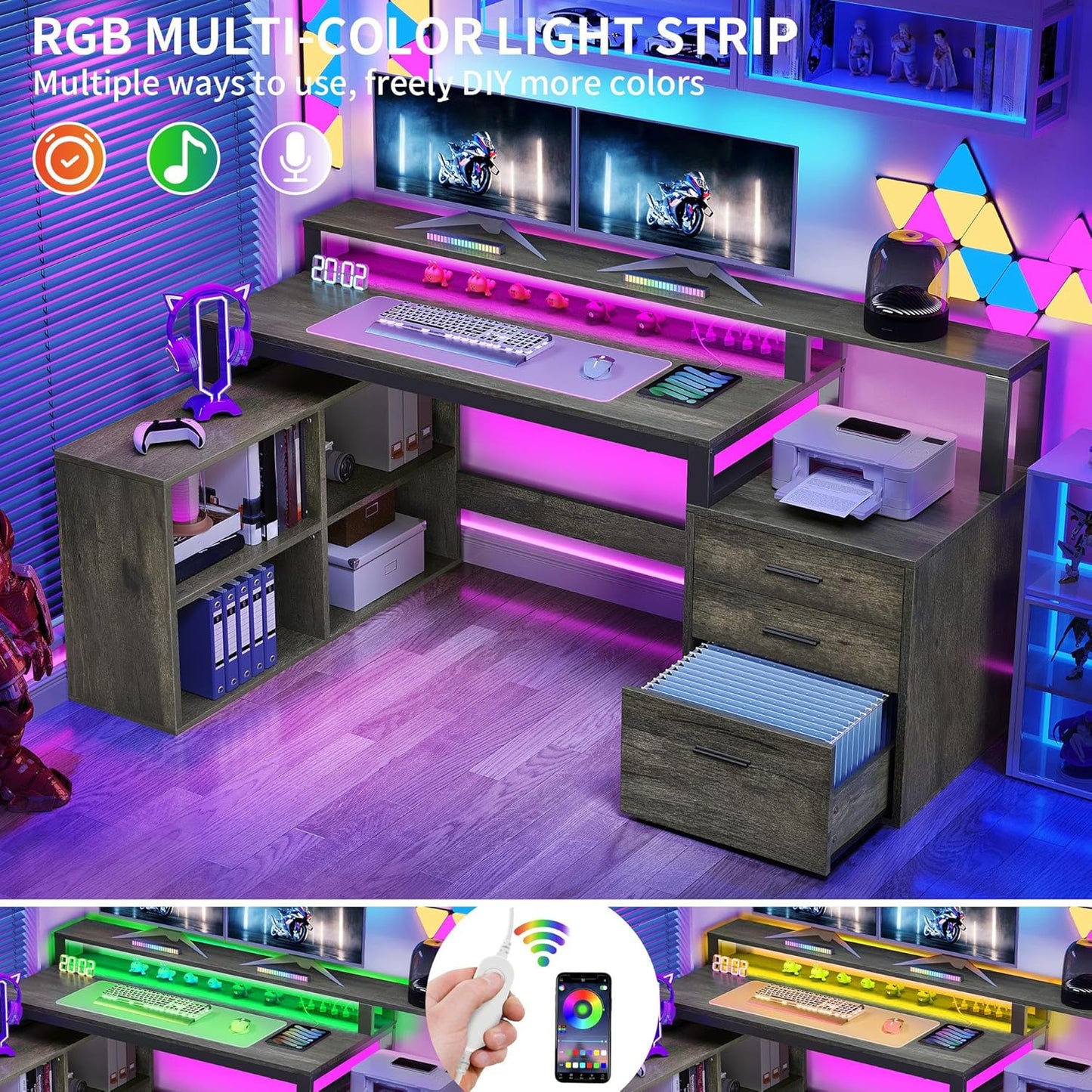 DWVO L Shaped Desk with Drawers, 65" Computer Desk with Power Outlets & LED Lights, Corner Home Office Desk with Storage Shelves & Printer Stand, Grey