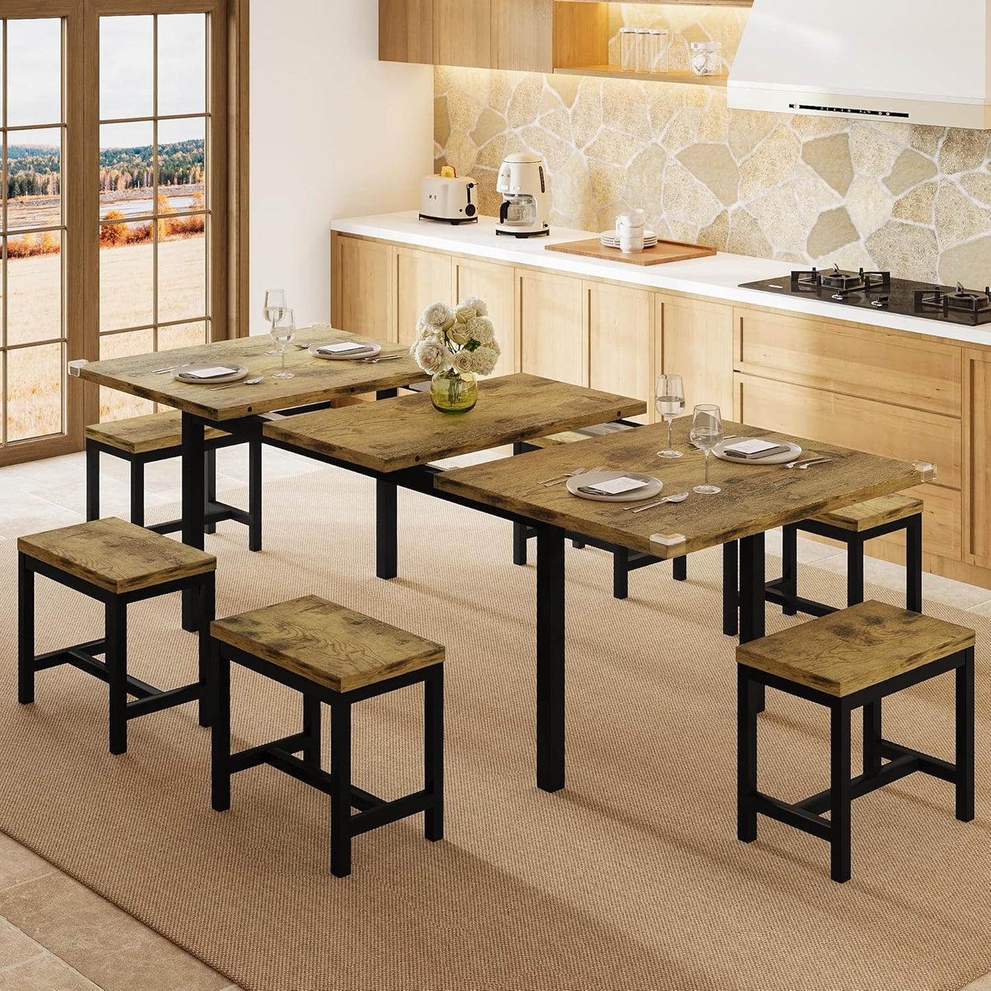 7-Piece Dining Table Set, 63" Extendable Kitchen Room Table with 6 Stools, Mid Century Modern Dinner Table with Metal Frame & MDF Board, Space-Saving, Easy Assembly, Rustic Brown