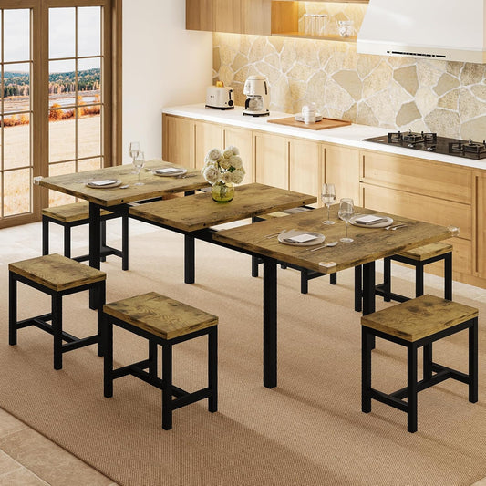 7-Piece Dining Table Set, 63" Extendable Kitchen Room Table with 6 Stools, Mid Century Modern Dinner Table with Metal Frame & MDF Board, Space-Saving, Easy Assembly, Rustic Brown