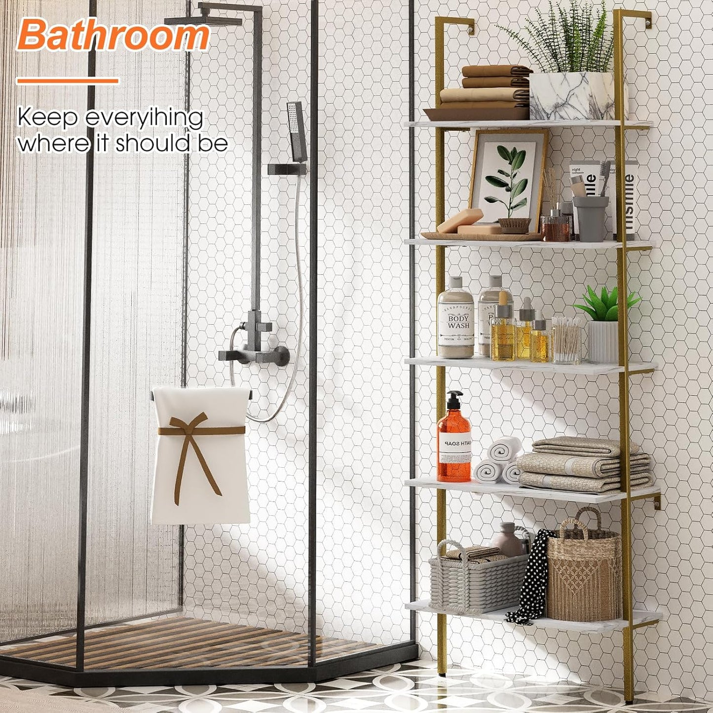 5 Tiers Ladder Shelf White Marble Modern Bookshelf Open Tall Wall Mount Bookcase Standing Leaning Wall Shelves Industrial Decorative