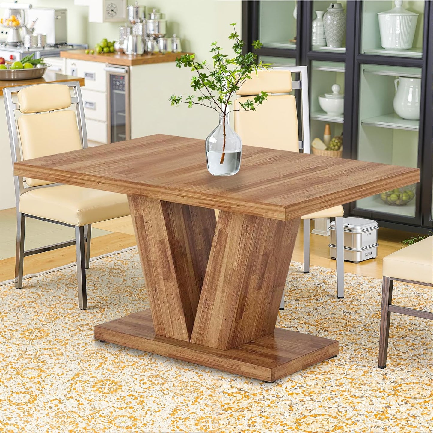 47 Inch Dining Table for 4, Farmhouse Dinner Table Wooden Kitchen Tables with Heavy Duty Pedestal for Dining Room, Kitchen, Living Room, Walnut Brown