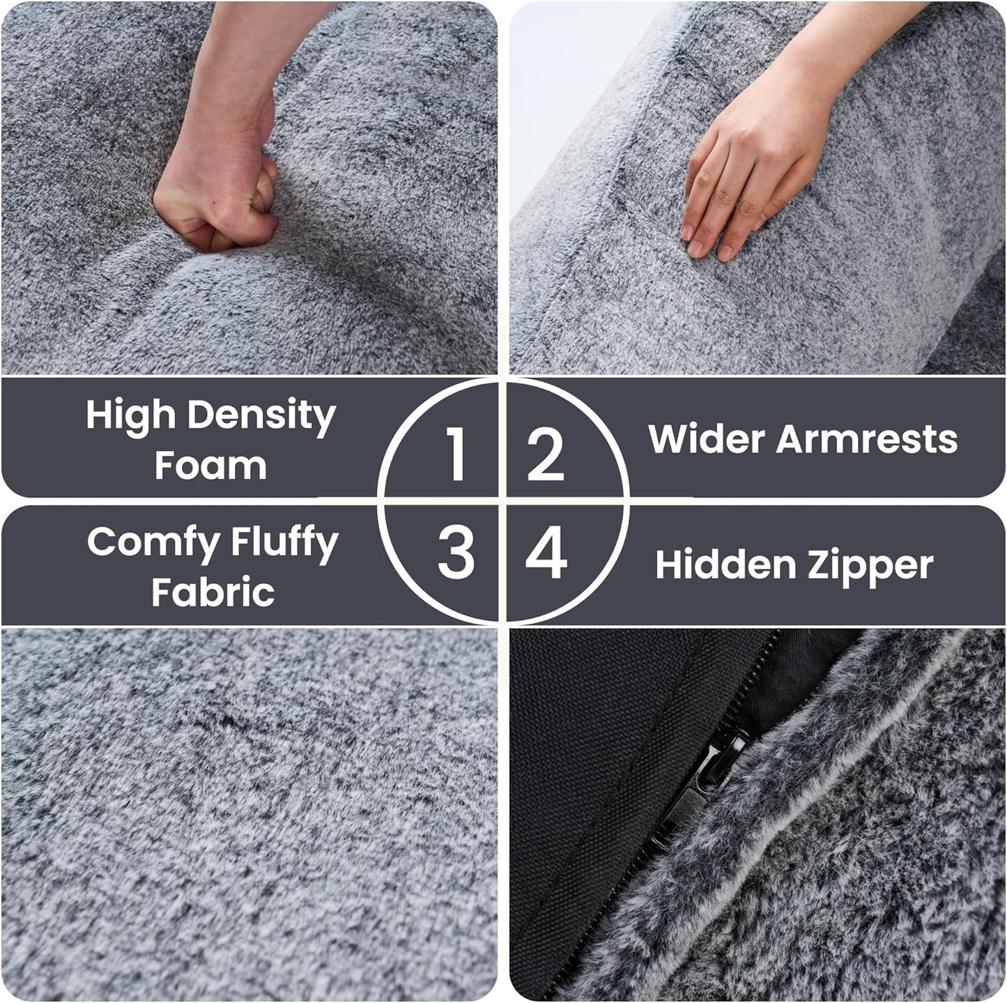 Bean Bag Chairs for Adults, Giant Beanbag Sofa Comfy Reading Chair, Oversized Bean Bag Chairs for Living Room Bedroom, Soft Faux Fur Fabric, 3.2FT, Dark Grey, Plush