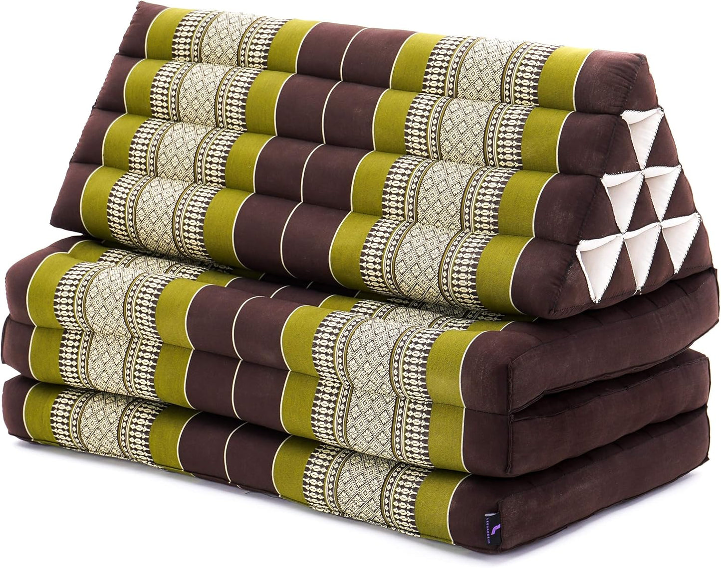 Leewadee 3-Fold Mat XXL with Triangle Cushion – Firm TV Pillow, Foldable Mattress with Cushion Made of Kapok, 67 x 31 inches, Brown Green