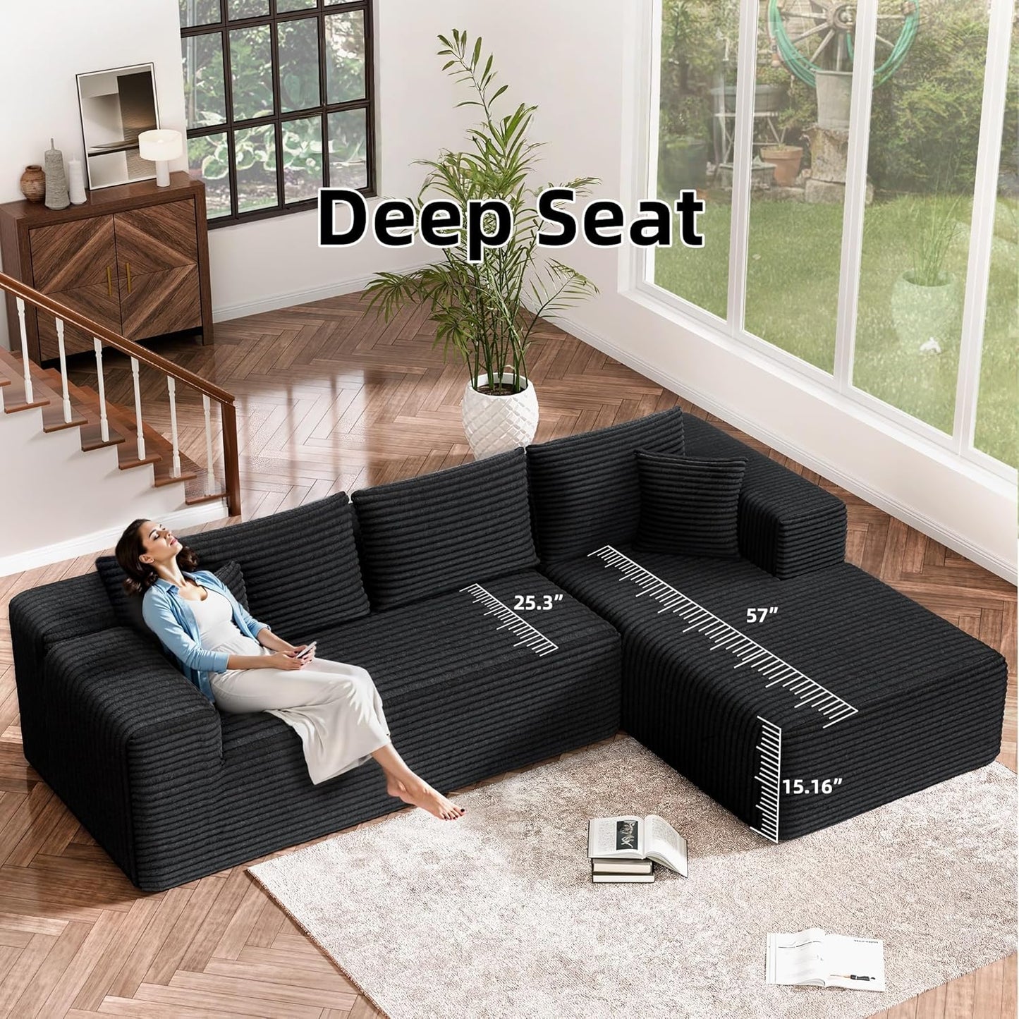 Cloud Sectional Couch, 104”L-Shape Large Oversized Sofa with Left Chaise Lounge, Modular Sleeper Couch with Pillows & Deep Seat, Flannel Velvet Compressed Sofa for Living Room, Black
