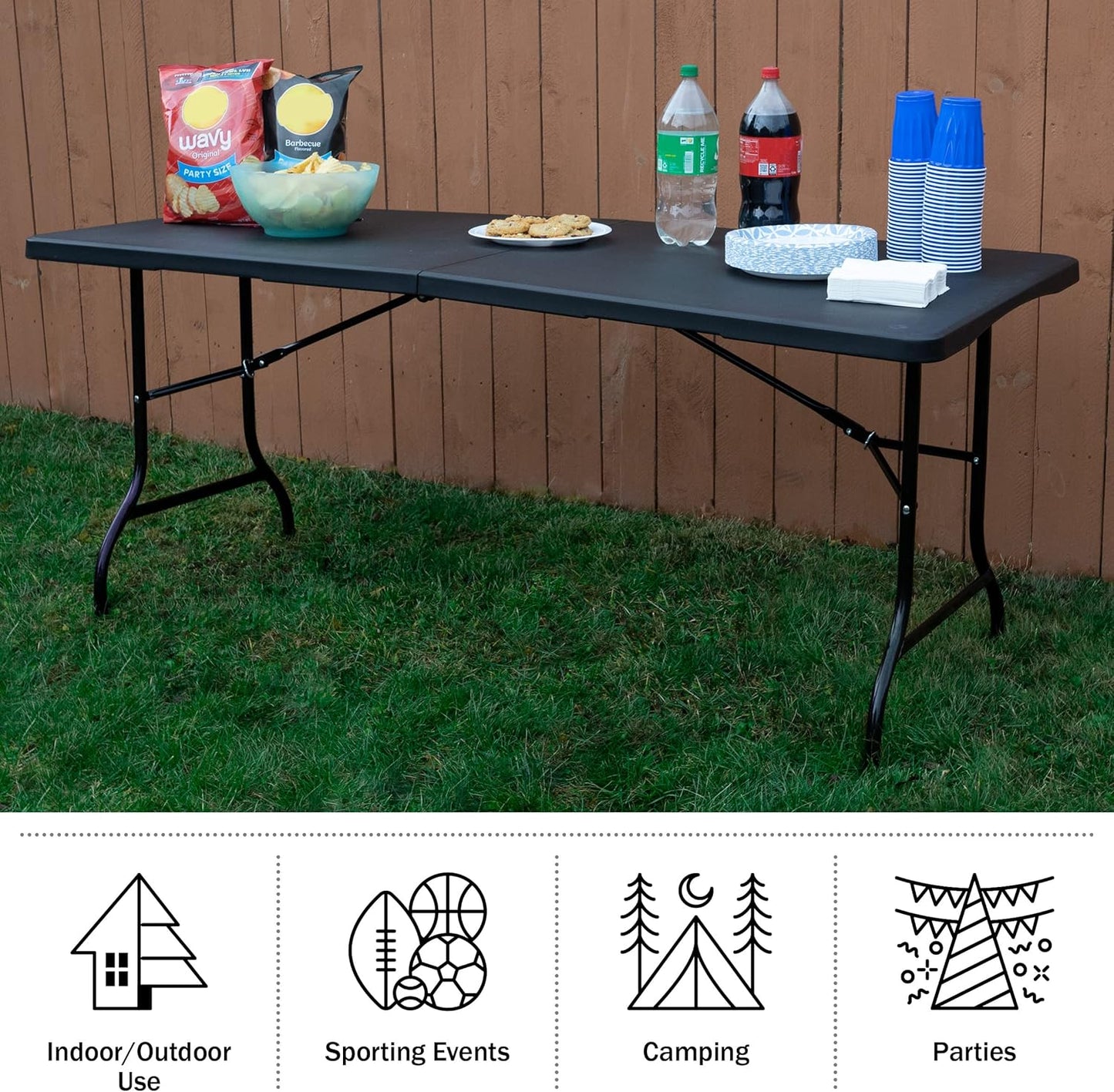 Everyday Home Folding Table - Lightweight Portable Folding Desk - 6-Foot-Long Plastic Table for Camping, Playing Cards, Parties, and Dining (Black)