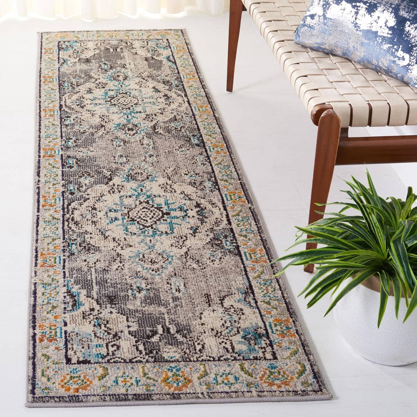 SAFAVIEH Monaco Collection Runner Rug - 2'2" x 6', Grey & Light Blue, Boho Chic Medallion Distressed Design, Non-Shedding & Easy Care, Ideal for High Traffic Areas in Living Room, Bedroom (MNC243G)