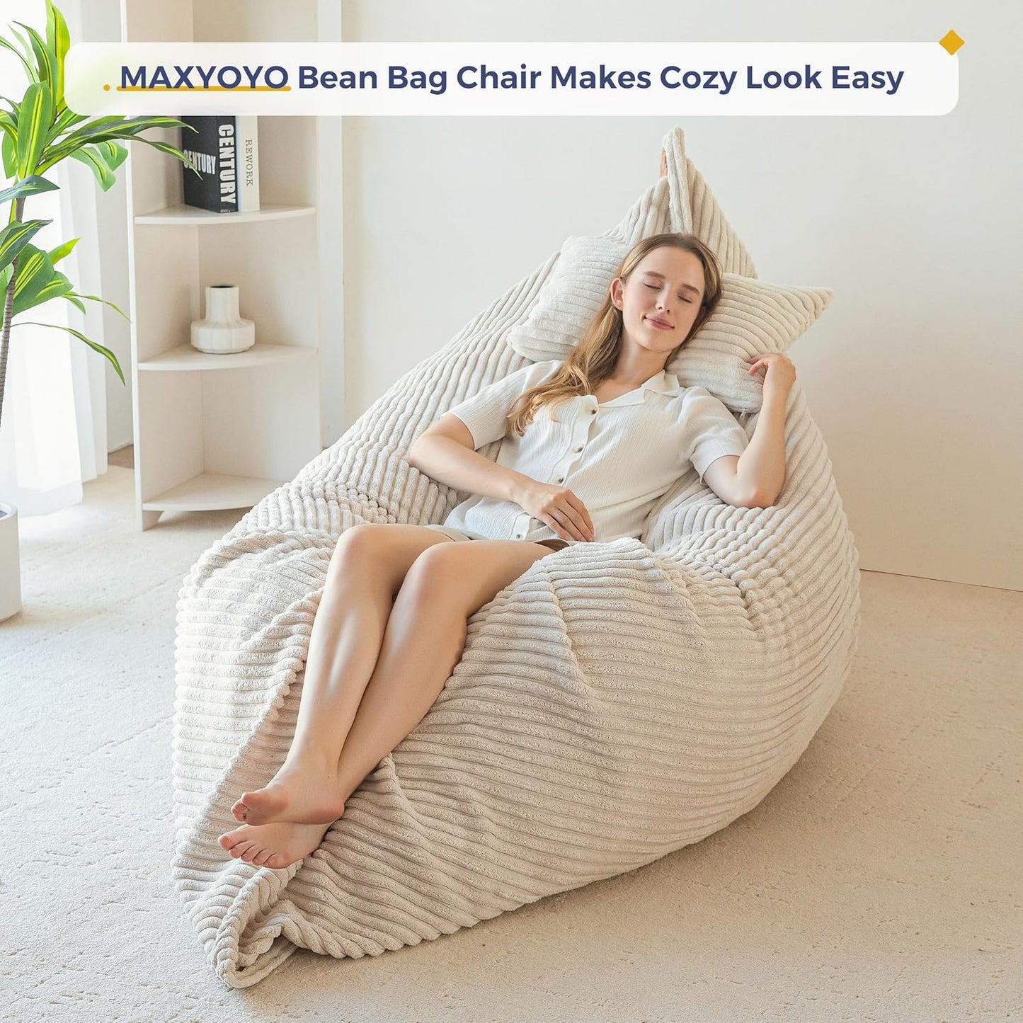 MAXYOYO Giant Bean Bag Chair with Pillow, 3 in 1 Convertible Bean Bag Chair for Adults with Washable Cover, Removable Floor Cushion Stuffed Floor Lounger for Living Room Bedroom, White, Full