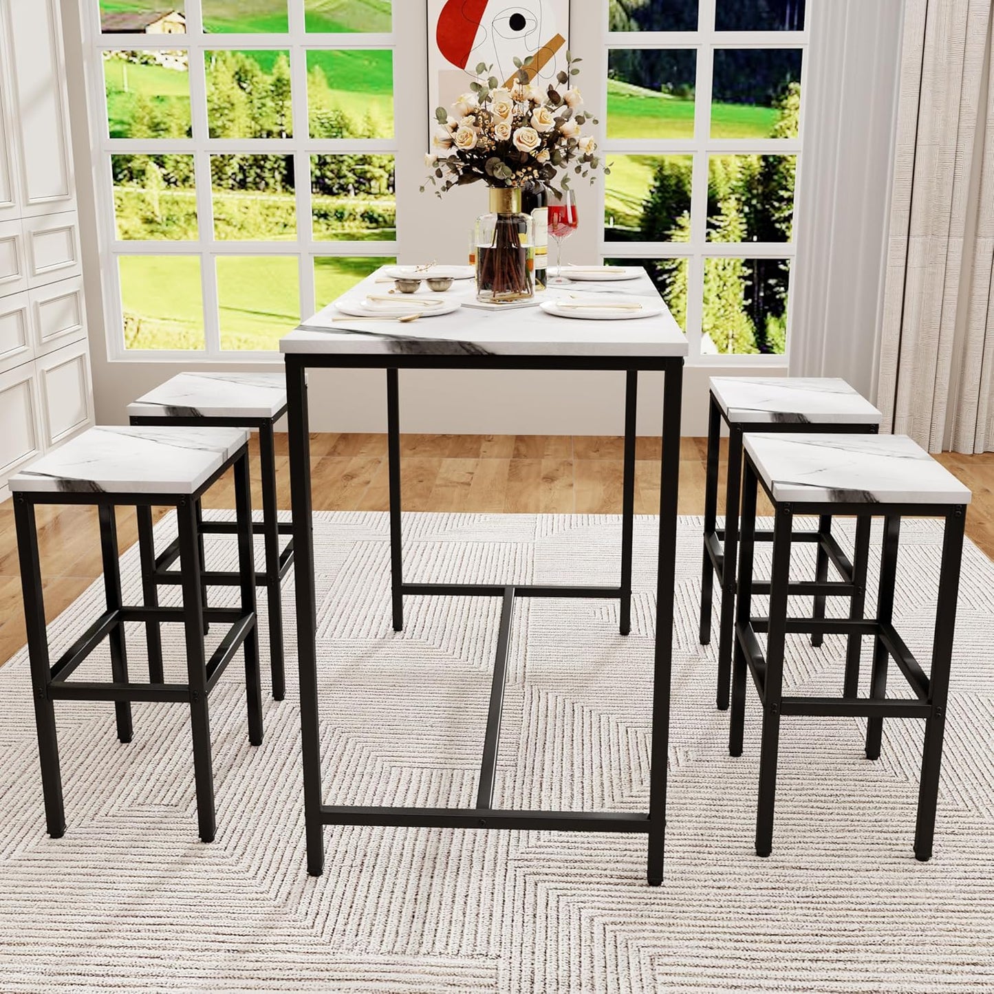 Aklaus 5 Piece Bar Table Set Kitchen Dining Table Set for 4 Modern Counter Height Bar Table with Bar Stools Set of 4 Faux Marble Top Pub Table and Stools for Dining Room Breakfast Nook Home Bar