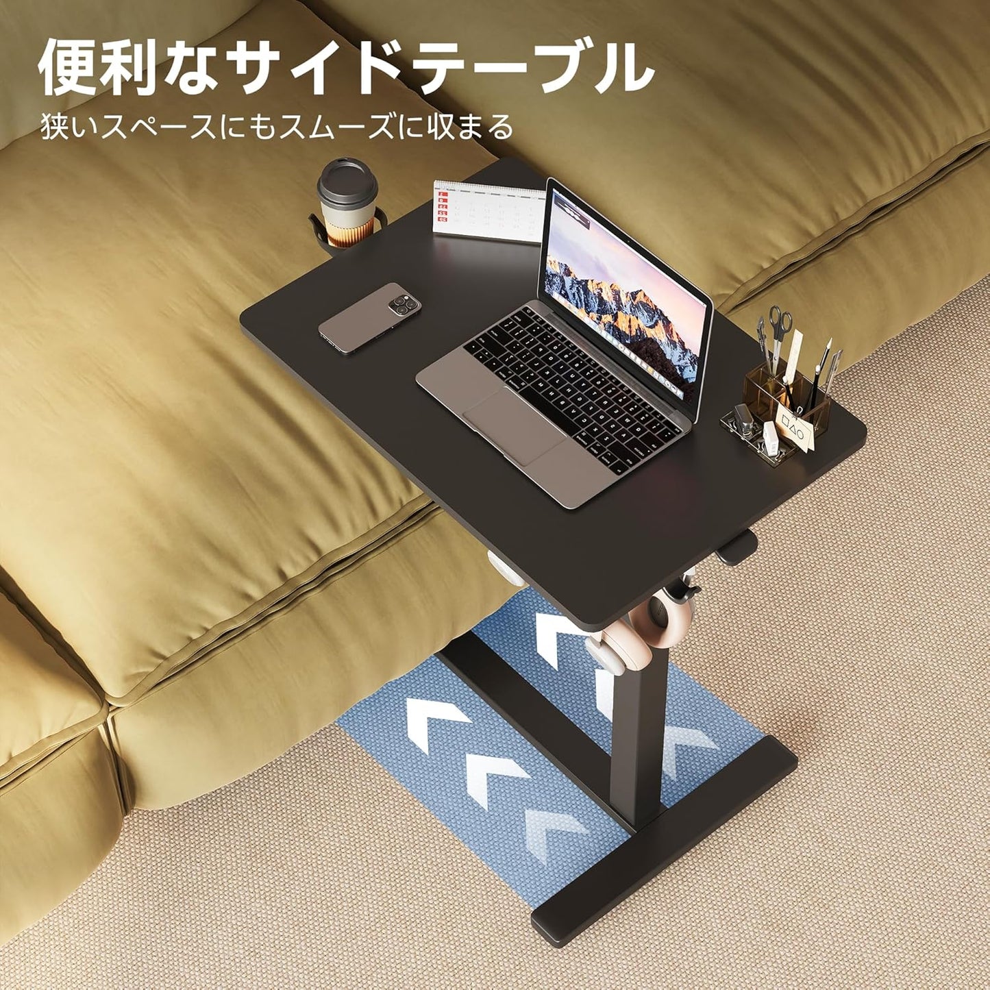 Gas Spring Adjustable Height Rolling Portable Laptop Desk, Mobile Standing Desk on Wheels, Small Sit Stand Desk with Laptop Stand/Cup Holder/Hook (Black, 26"x19")