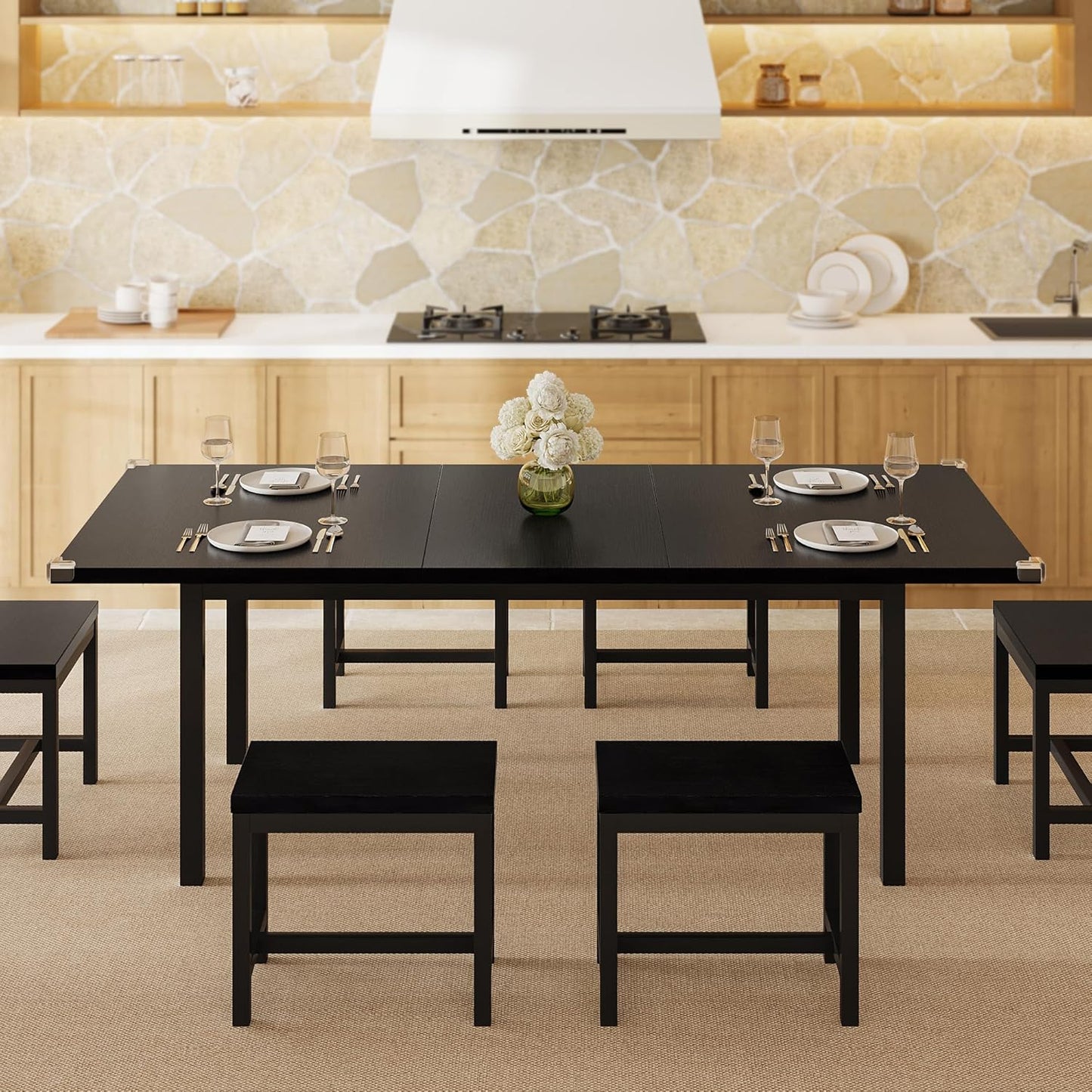 7-Piece Dining Table Set, 63" Extendable Kitchen Room Table with 6 Stools, Mid Century Modern Dinner Table with Metal Frame & MDF Board, Space-Saving, Easy Assembly, Black