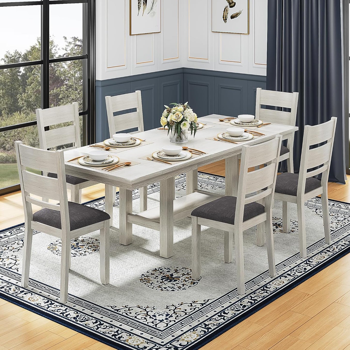7-Piece Solid Wood Dining Table Set for 6, Extendable Table with 6 Chairs – Easy Assembly for Indoor Use, Kitchen, Dining Room, Grey