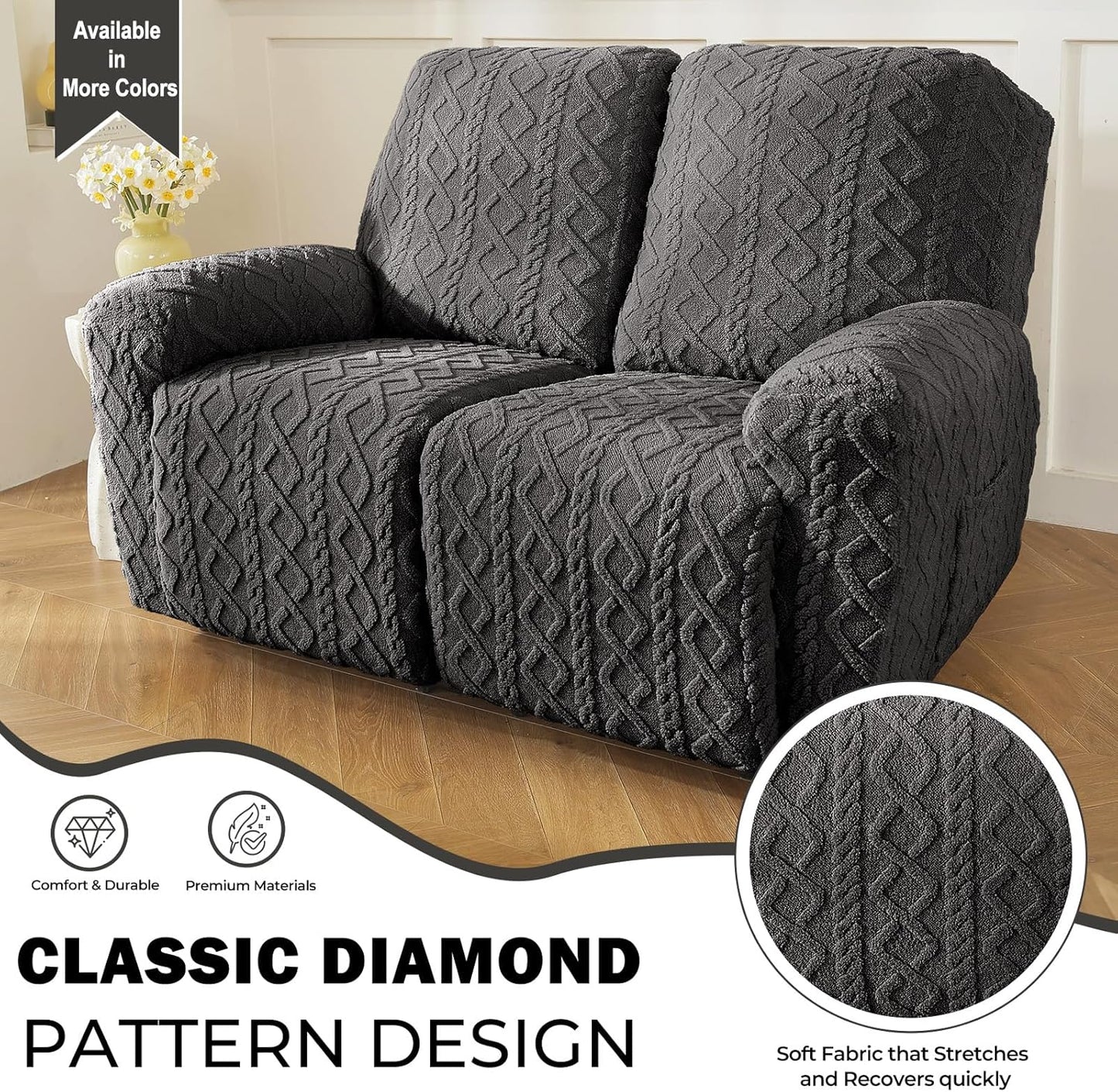 vctops 6 Pieces Geometric Jacquard Plush Recliner Loveseat Slipcovers Soft Fuzzy Fluffy Sofa Couch Cover Anti-Slip Furniture Protector with Elastic Bottom for Kids Cats Dogs(Dark Grey,2 Seat)