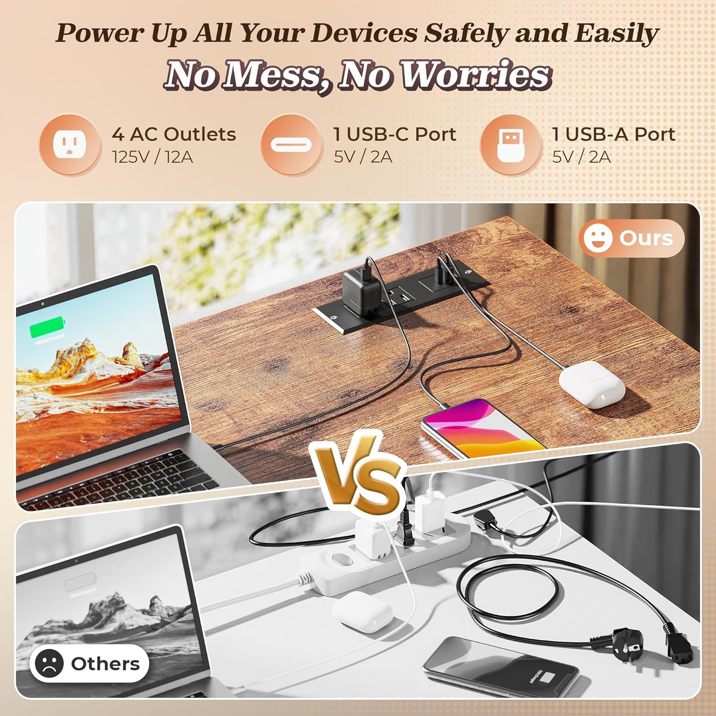 PRAISUN 43.3" Small Computer Desk with Power Outlets and USB-C Port, Reversible L Shaped Corner Office Desk with 4 Fabric Drawers and 2 Height-Adjustable Shelves, for Gaming Writing, Rustic Brown