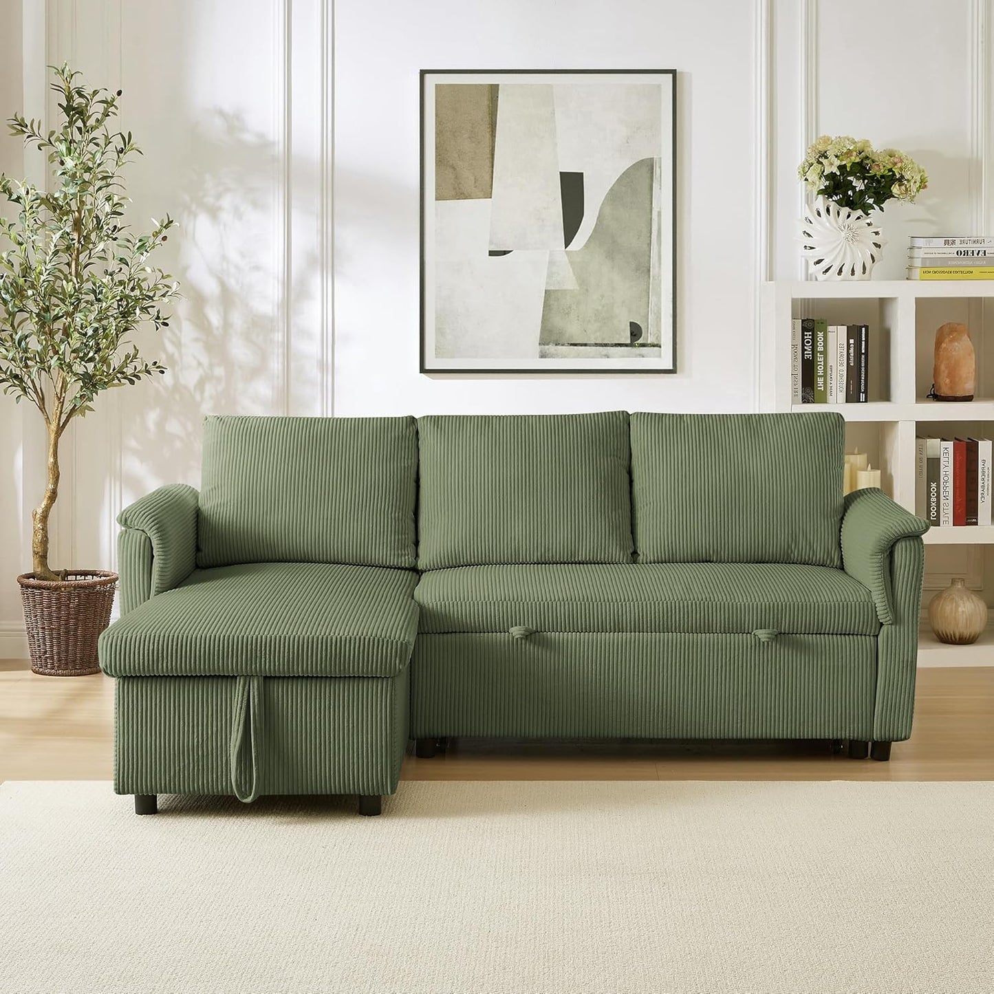 Ball & Cast Reversible Sectional Sofa Couch,L-Shape Sleeper Sofa Bed with Storage Chaise Pull Out Couch for Living Room | Hidden Storage | Pull Out Bed | Removable Backrest | Corduroy Fabric,Green