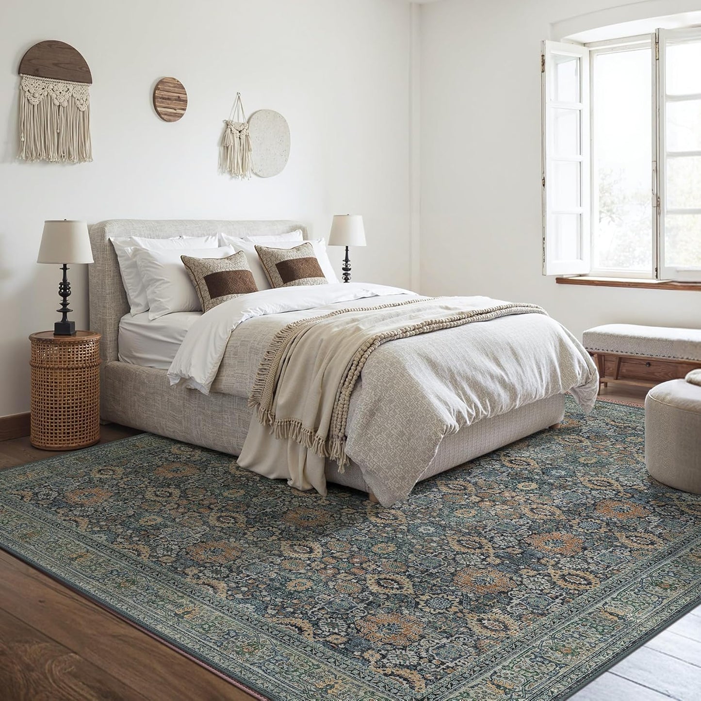 10X14 Area Rugs Machine Washable Rugs for Living Room, Vintage Boho Large Rugs for Bedroom Dining Room, Non Slip Indoor Soft Distressed Lightweight Thin Low Pile Carpet, Beige Blue Grey