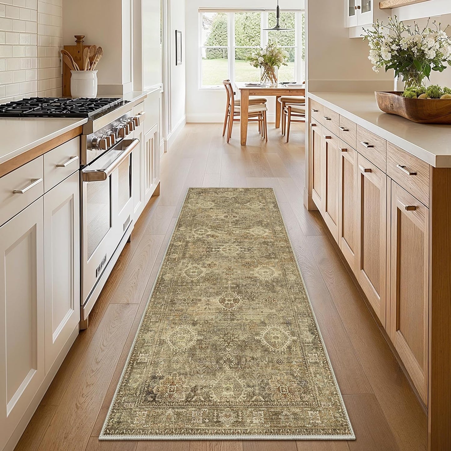 GENIMO 2X5 Hallway Runner Rug, Machine Washable Non Slip Vintage Floral Patchwork Runners, Thin Low Pile Chenille Carpet Runners for Entryway, Kitchen, Bathroom, Bedroom, Straw
