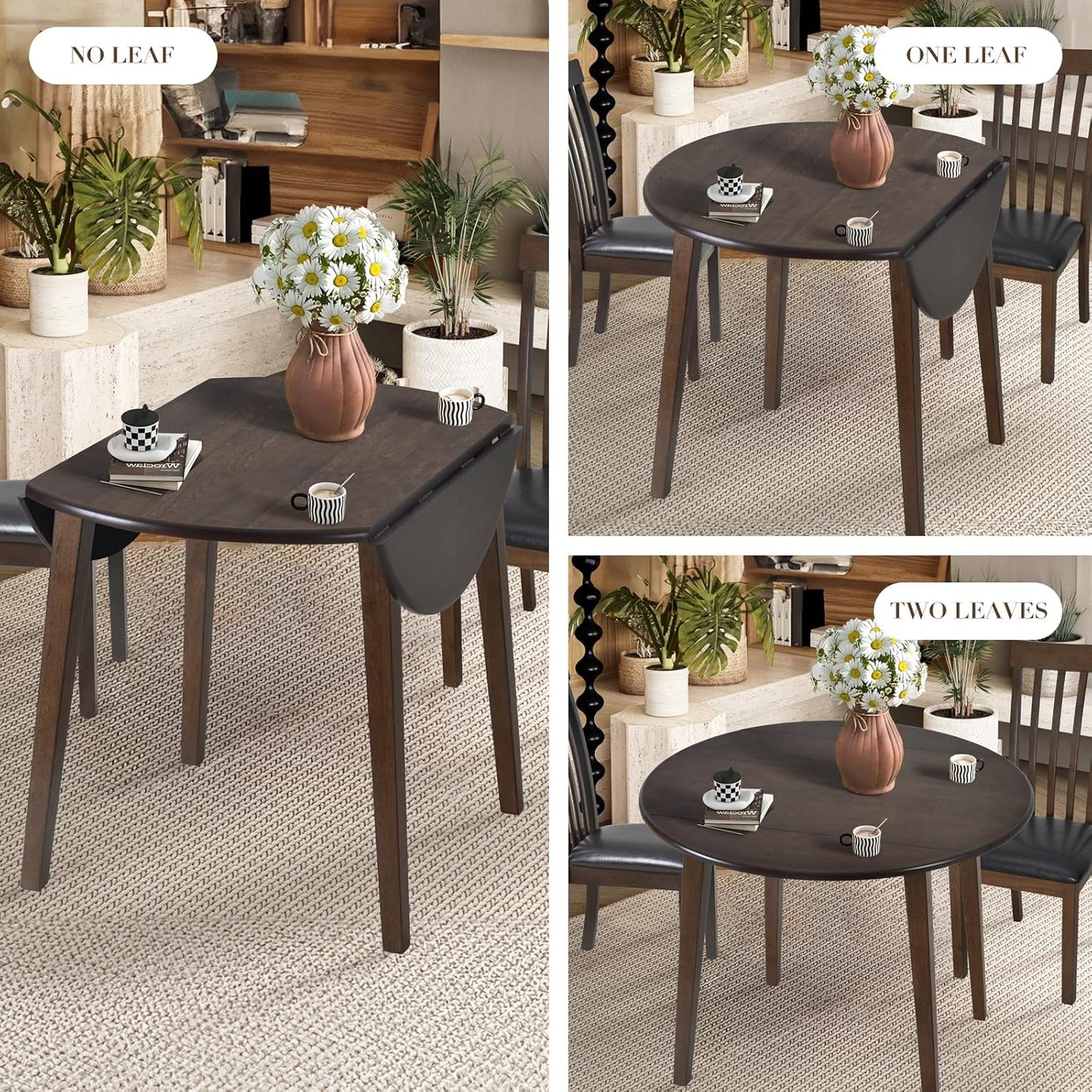 COLAMY 3-Piece Extendable Dining Table Set for 2, 36" Round Kitchen Wood Table with 2 Tufted Dining Room Chairs, Light Brown/Beige