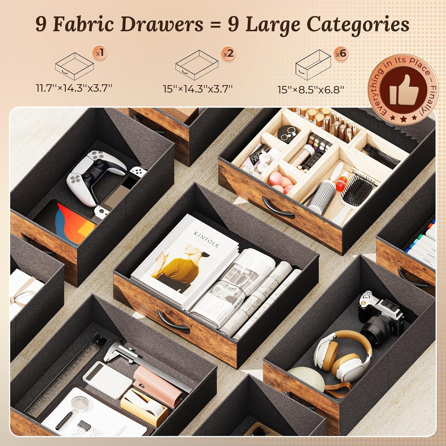 PRAISUN 47 Inch Office Desk with Outlets, Computer Desk with 9 Fabric Drawers, Writing Gaming Work Study Desk for Bedroom, Living Room, Home Office, Large Storage, Rustic Brown