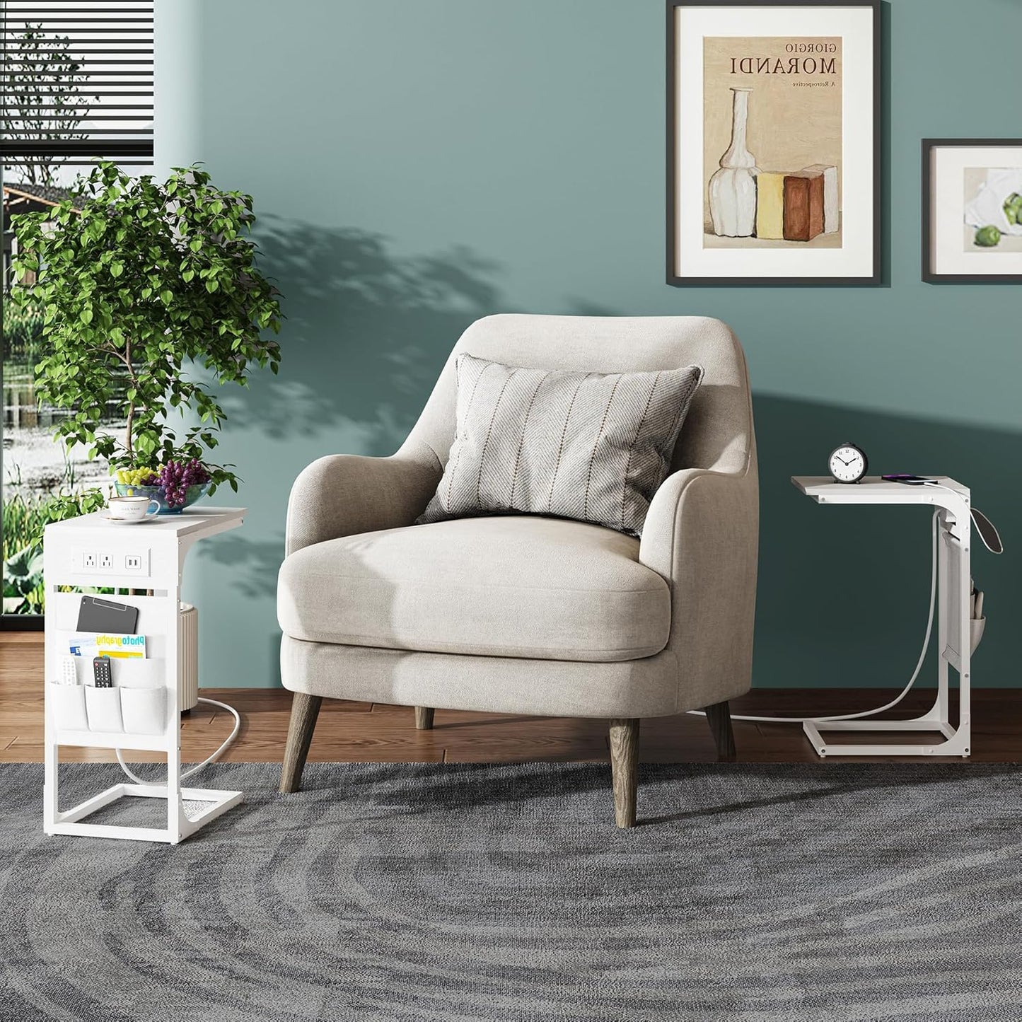 TUTOTAK C Shaped End Table with Charging Station, Side Table for Sofa, Couch Table with Storage Bag, Set of 2, TV Tray Table with 2 USB Ports and Outlets for Living Room, Bedroom, White TB01BW0242