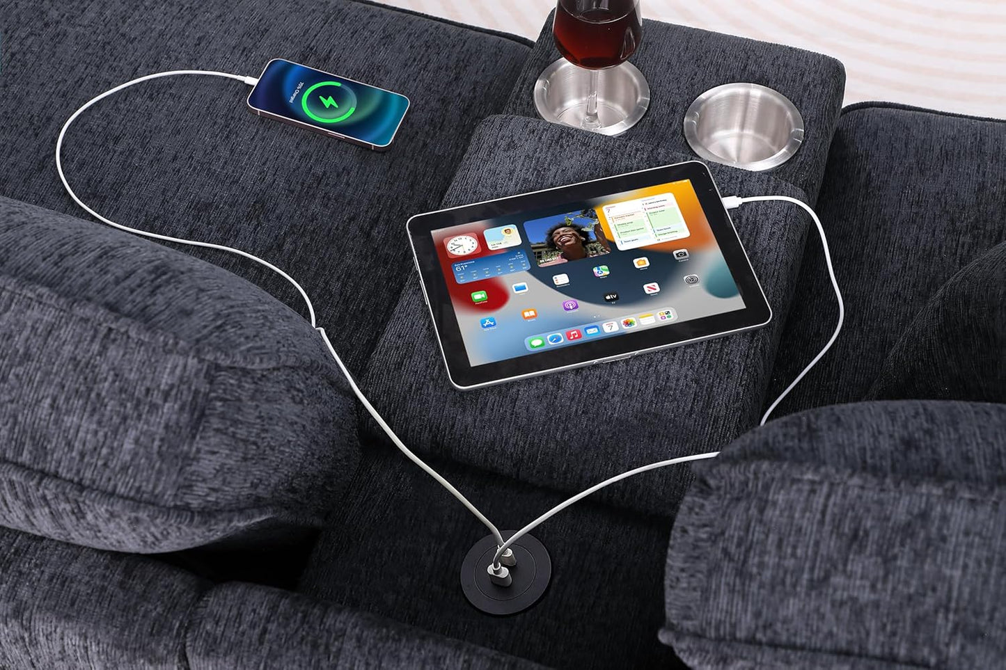 127" L-Shaped Sectional Couch with Movable Ottoman&6 Throw Pillows,7 Seat Chenille Upholstered Sofa W/2 Cup Holder,USB Port&Hidden Storage Box,DIY Combination,for Living Room,Apartment,Dark Gray