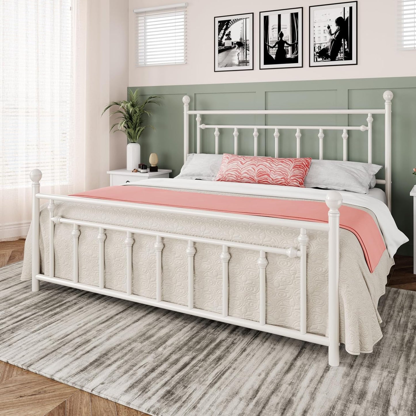 Allewie 14 Inch King Size Metal Platform Bed Frame with Victorian Vintage Headboard and Footboard/Mattress Foundation/Under Bed Storage/No Box Spring Needed/Easy Assembly/Noise Free/White