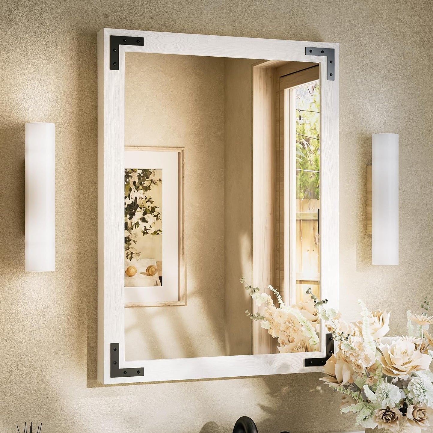 TETOTE 24 x 32 White Wood Mirror for Bathroom Wall/Bedroom/Living Room/Entryway Farmhouse Rustic Wall Mirror for Over Sink Waterproof (Horizontal/Vertical Mounted)