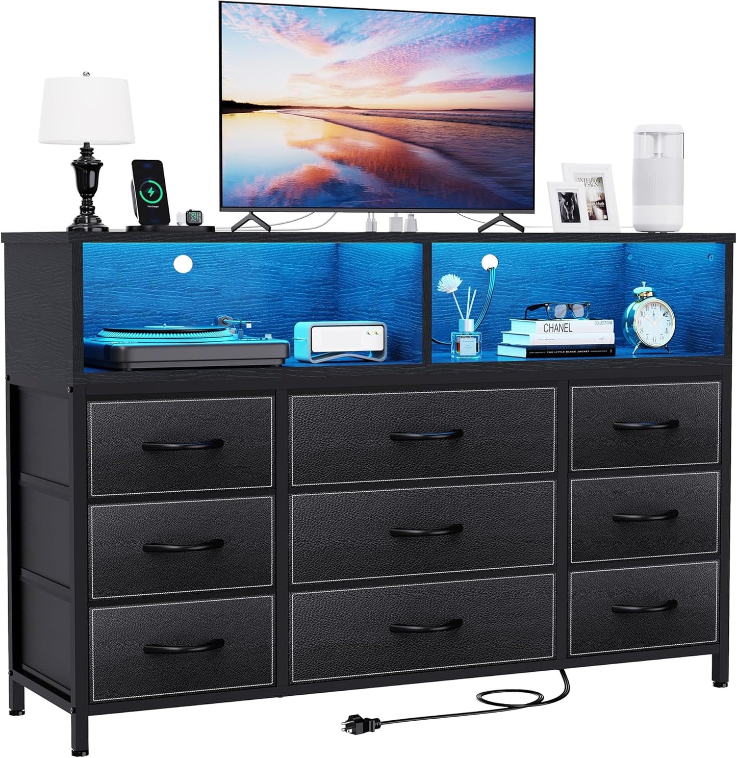 Black Dresser for Bedroom, 9 Drawers Led Dresser TV Stand with Power Outlets and LED Lights, Long Fabric Dressers Wide Chest of Drawers with Large Organizer for Living Room, Entryway, Hallway