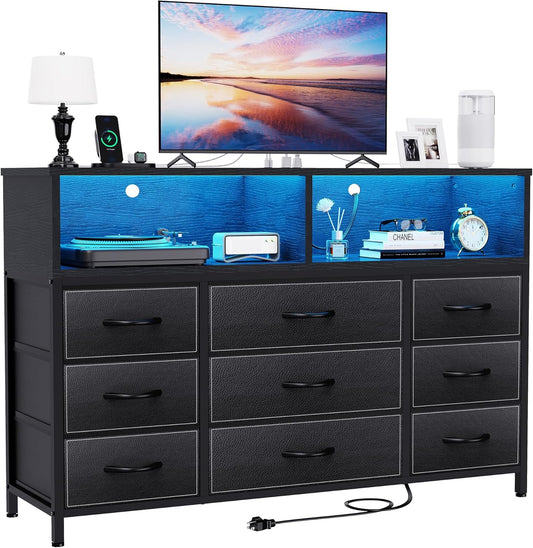 Black Dresser for Bedroom, 9 Drawers Led Dresser TV Stand with Power Outlets and LED Lights, Long Fabric Dressers Wide Chest of Drawers with Large Organizer for Living Room, Entryway, Hallway