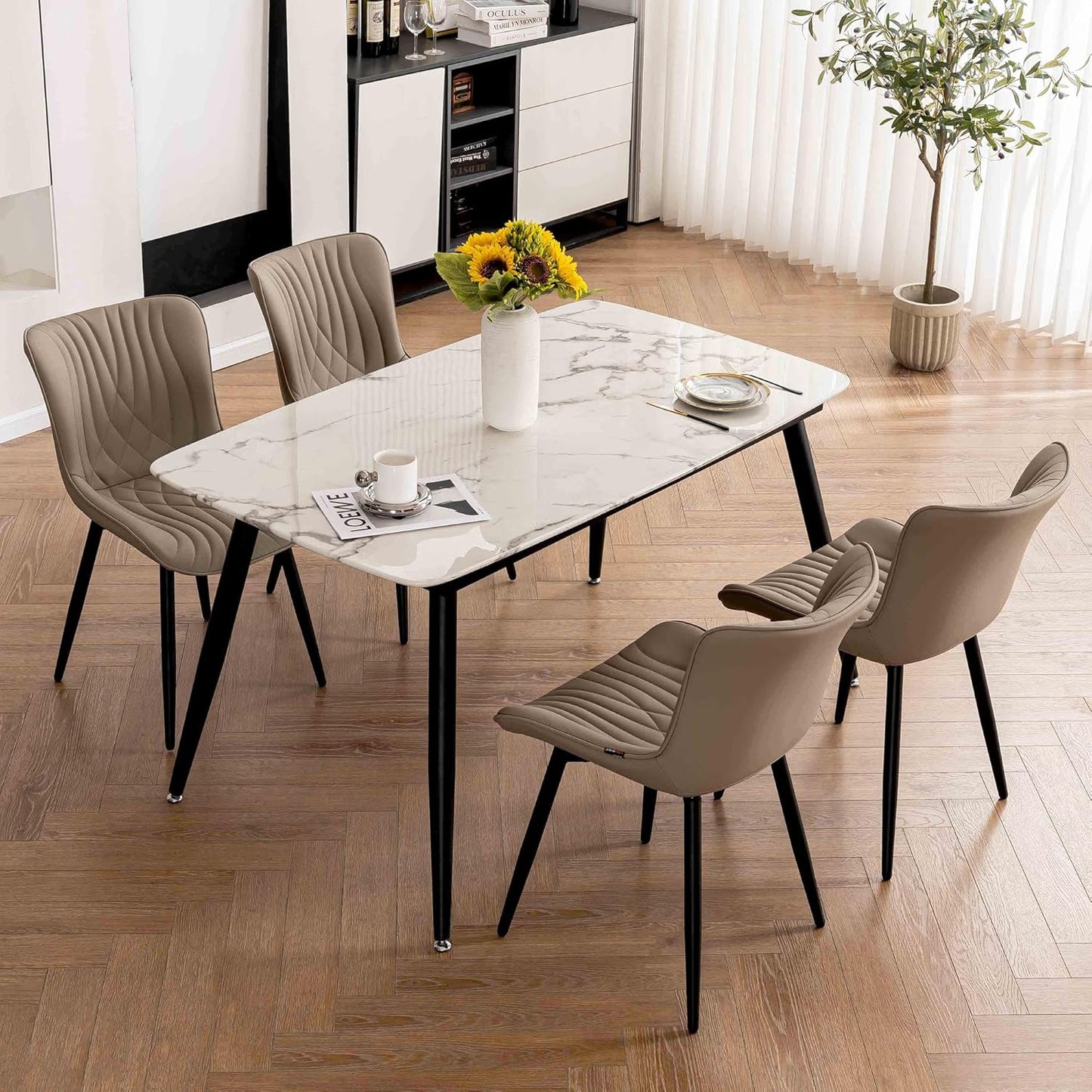 Kidol & Shellder Khaki Dining Chairs Set of 2,Faux Leather Upholstered Mid Century Modern Kitchen&Dining Room Chair with Back,Ergonomic Armless Vanity&Living Room Chair with Metal Legs