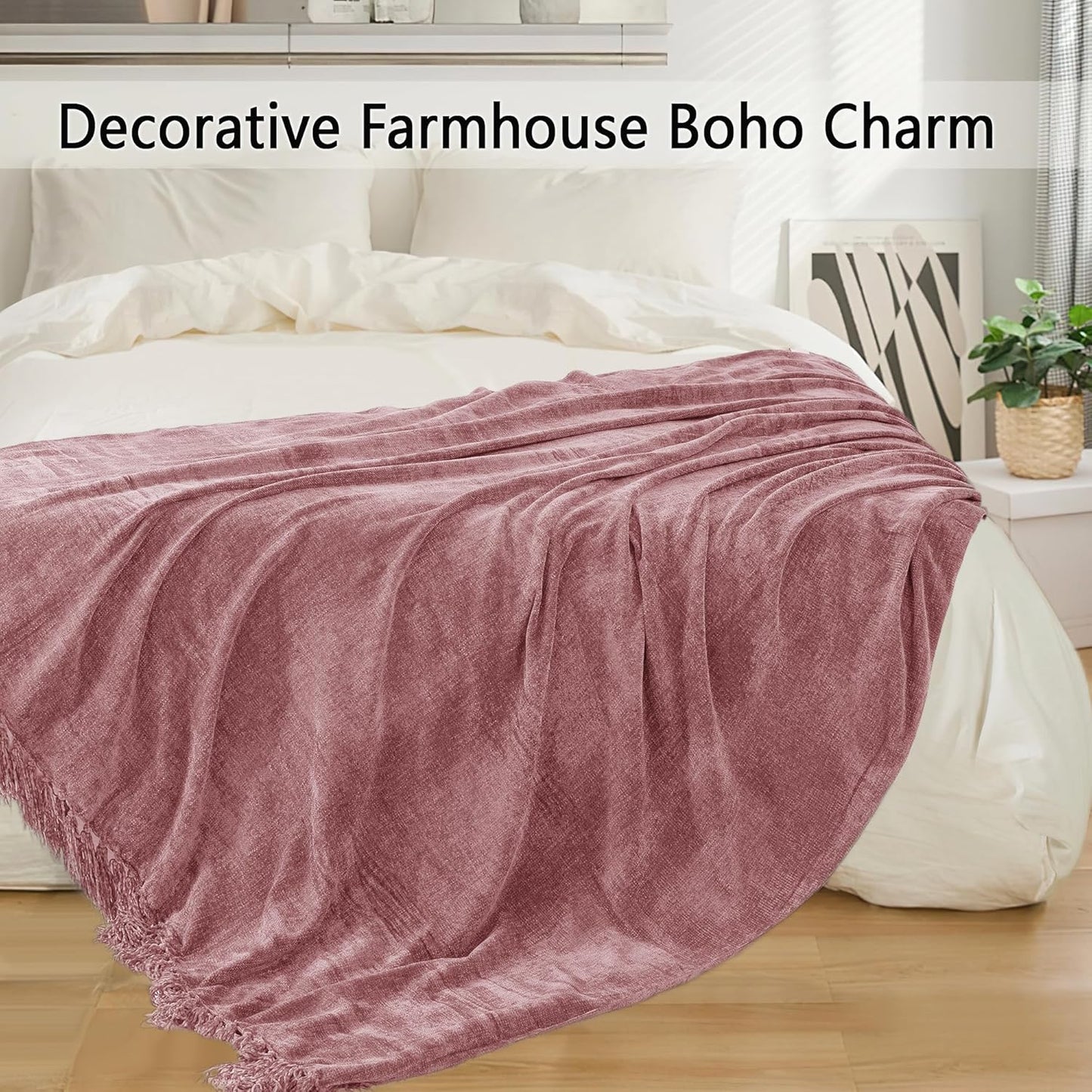 Chenille Throw Blanket for Couch 60"X 80" Twin, Soft Cozy Throws with Fringe Tassel for Bed Sofa Chair Cover, Lightweight Knitted Decorative Boho Blankets for Living Room, Mauve
