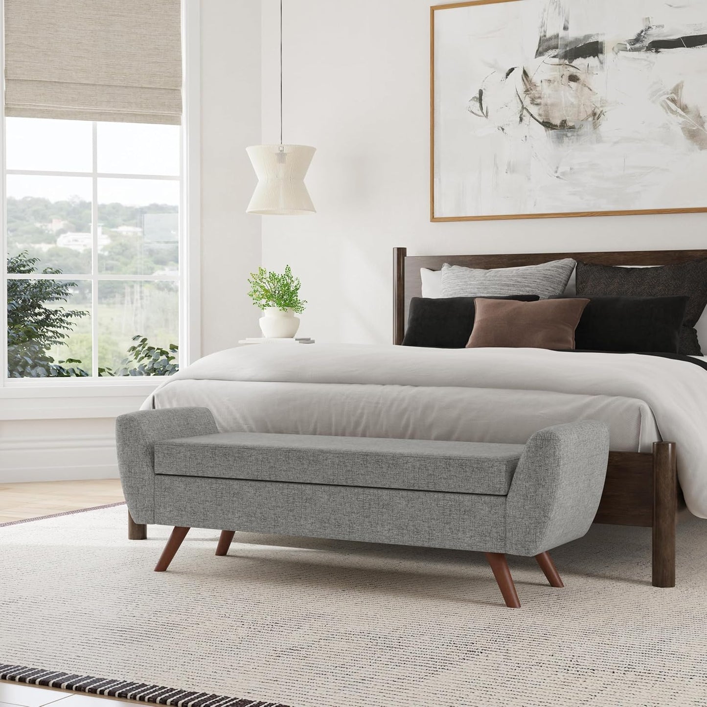 HomePop Modern Storage Bench with Wood Legs Home Décor|Bench with Storage for Living Room & Bedroom - Gray Woven